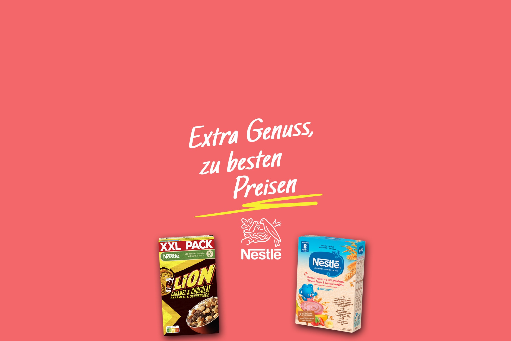 Lion Cerealien und Nestlé Milchbrei auf rotem Hintergrund mit dem Text „Extra Genuss, zu besten Preisen“.