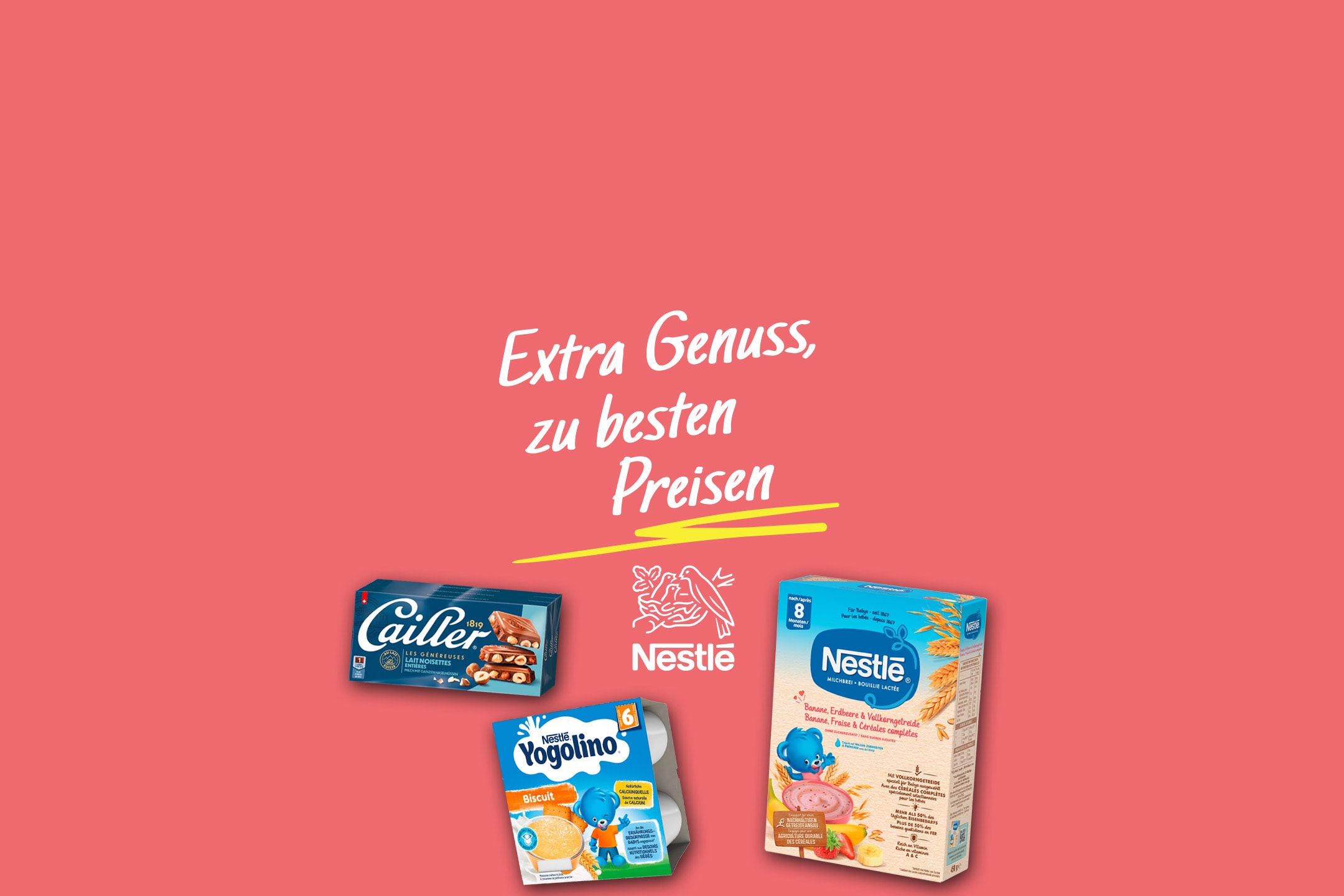 Schokoladenpralinen, Joghurt und Babybrei mit dem Text „Extra Genuss, zu besten Preisen“.