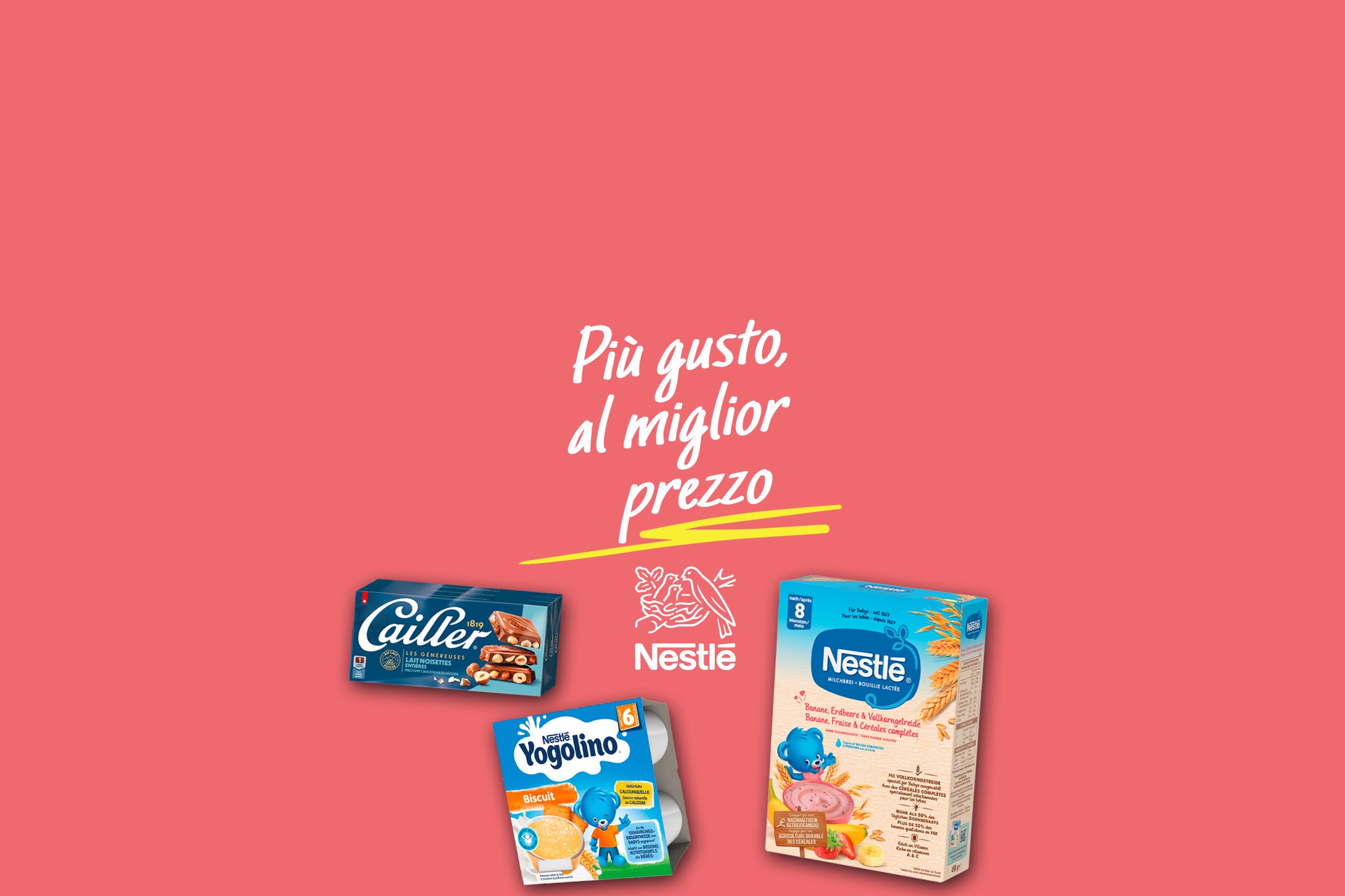 Cioccolato, yogurt per bambini e pappa per neonati con la scritta 'Più gusto, al miglior prezzo'.