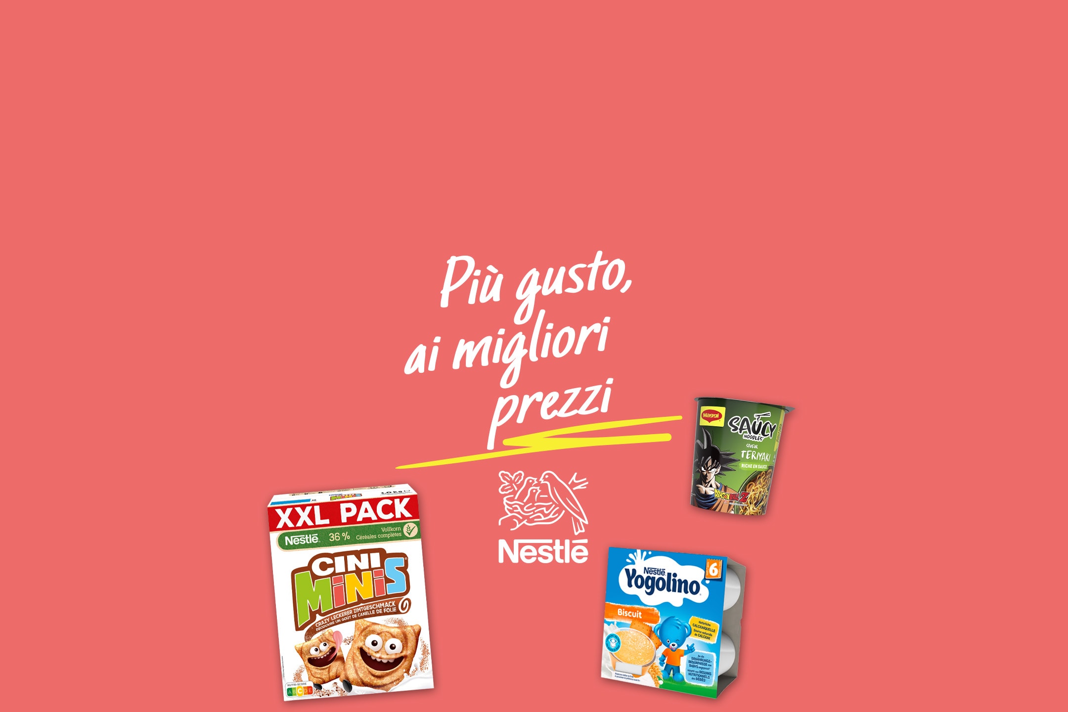 Cereali, noodles istantanei e biscotti per neonati su sfondo rosa con la scritta 'Più gusto, ai migliori prezzi'.