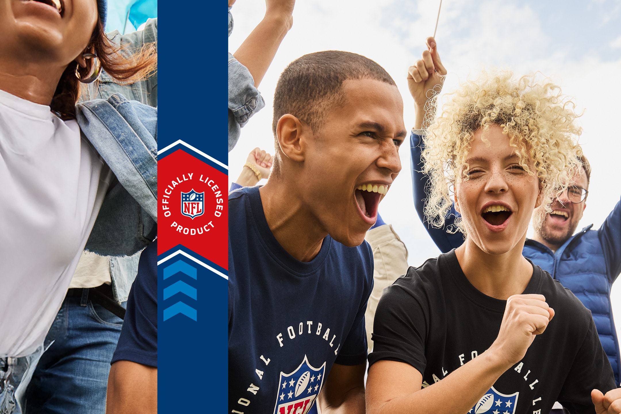 Begeisterte Sportfans tragen T-Shirts und Jacken, mit einem offiziellen Produktlogo.