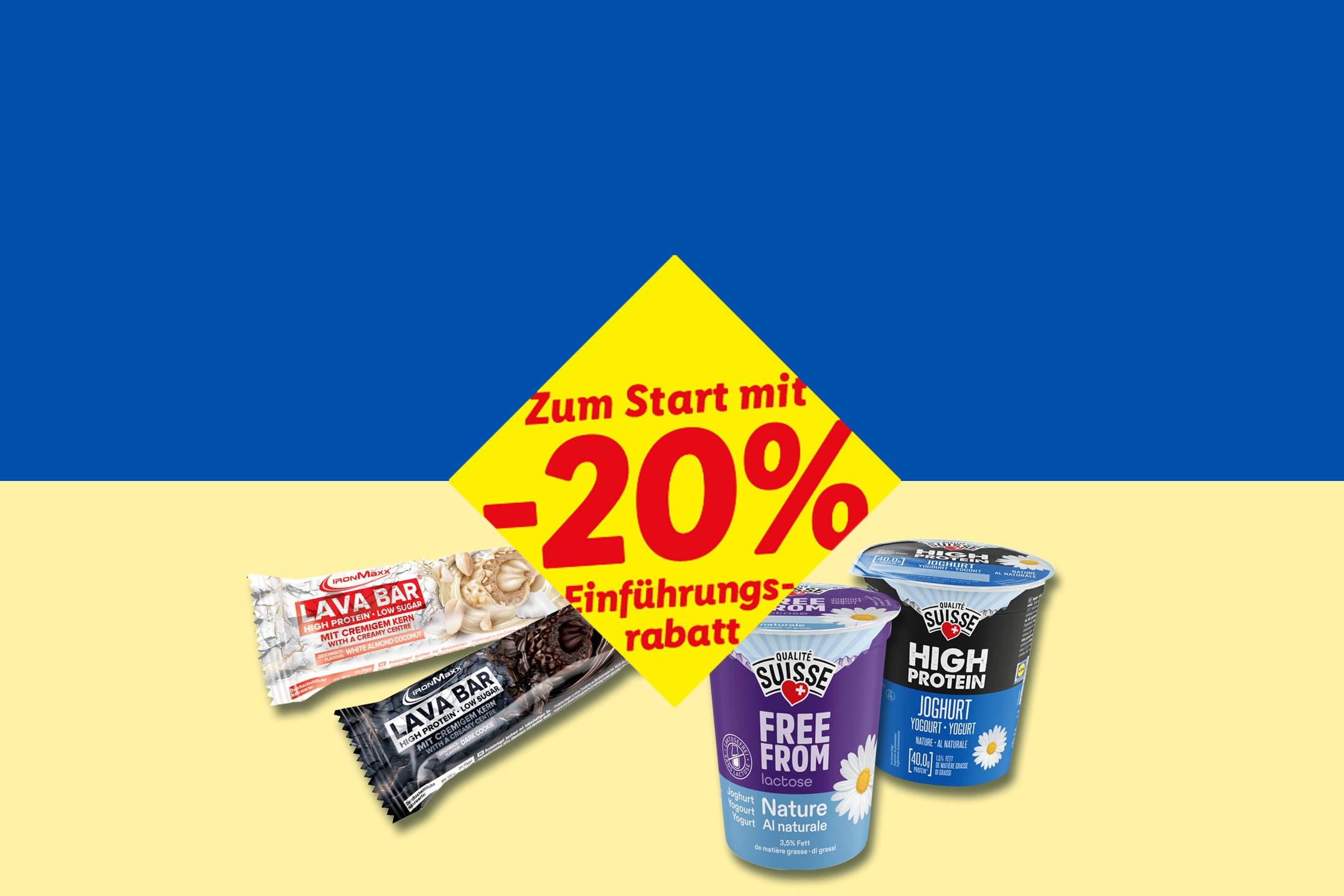Lava Bar Riegel und Suisse Free From Joghurt mit 20% Einführungsrabatt auf blau-gelbem Hintergrund.