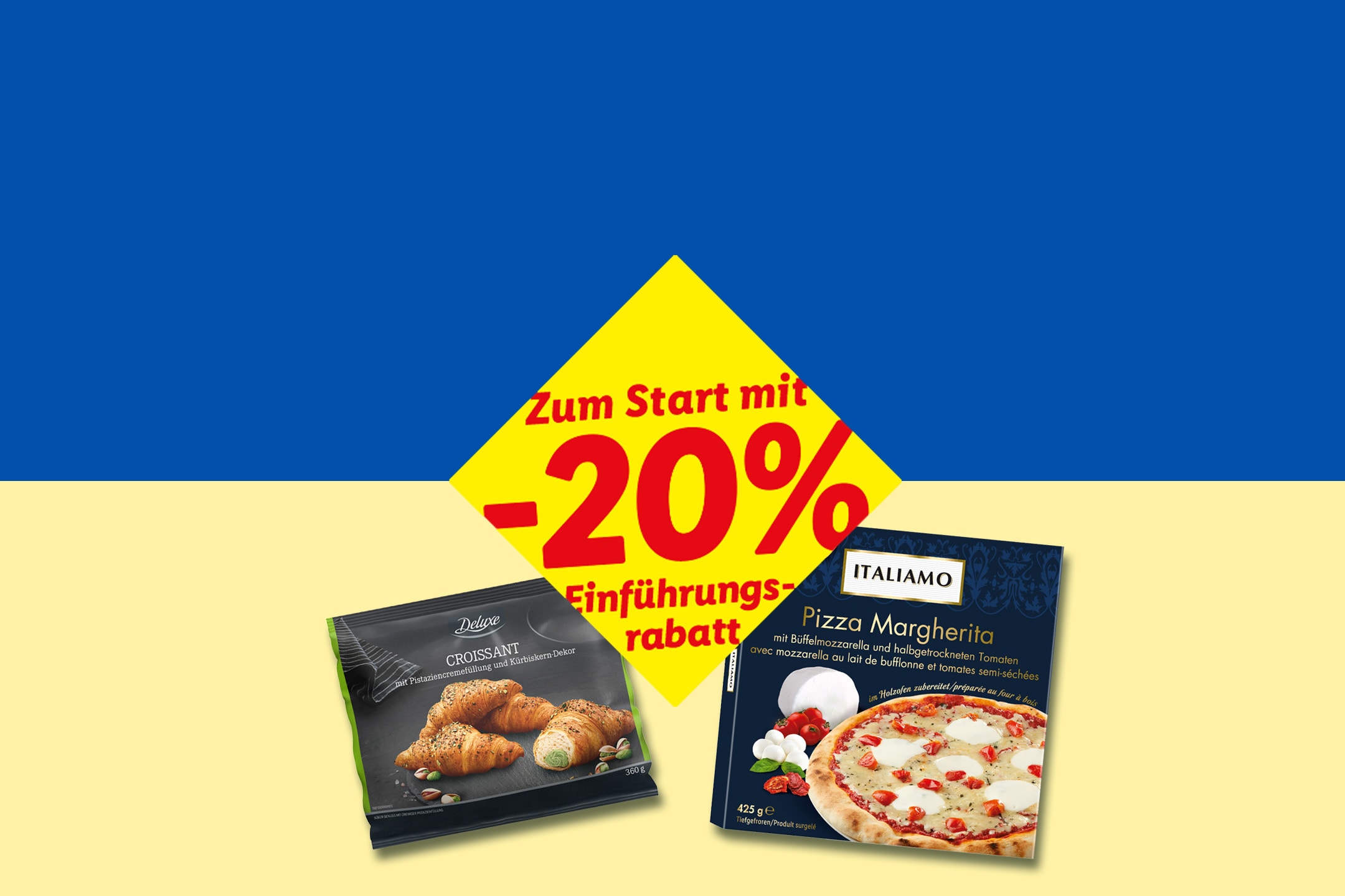 Werbebanner mit 20% Einführungsrabatt auf Croissants und Pizza Margherita.
