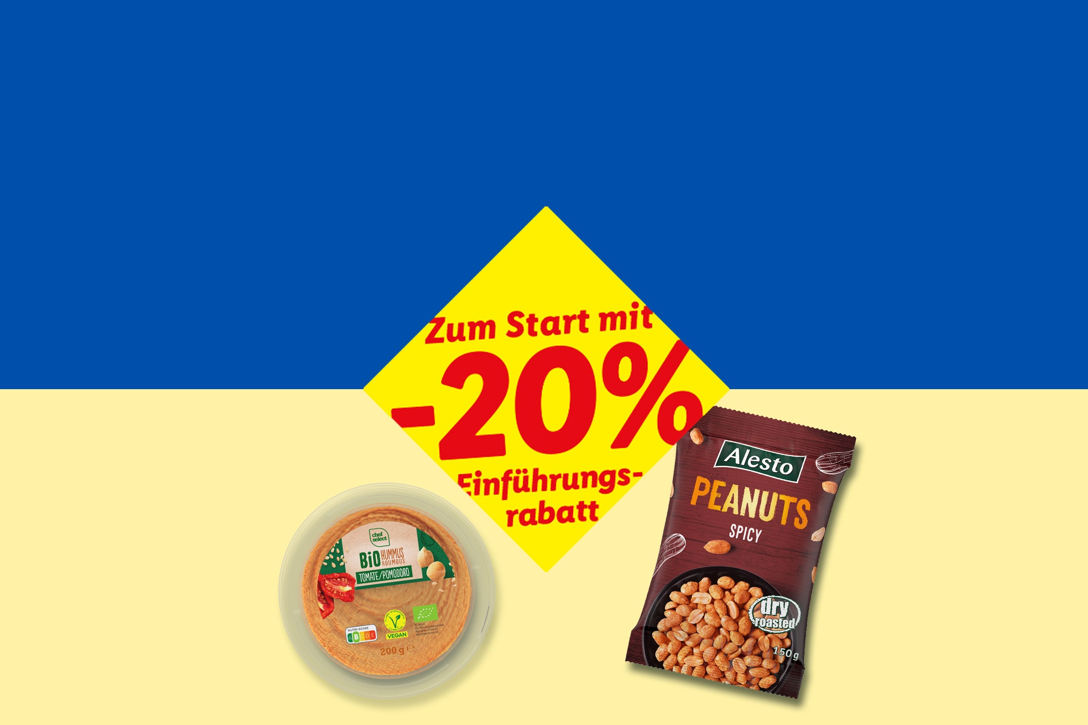 Ein -20% Angebot auf Bio-Hummus von Chef Select und Alesto Erdnüsse vor ukrainischem Hintergrund.