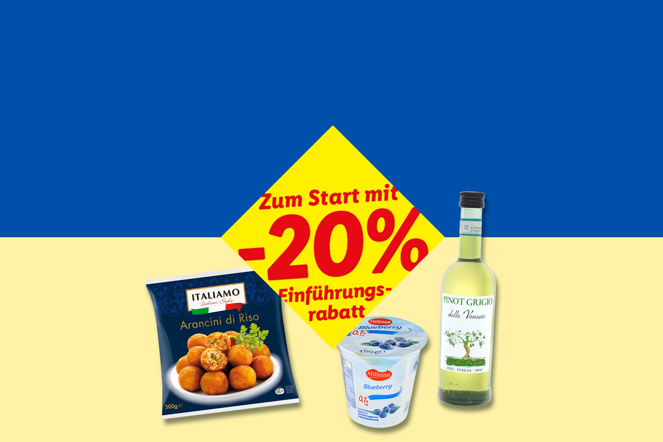 Arancini, Blaubeerjoghurt und Weißwein mit 20% Einführungsrabatt auf blau-gelbem Hintergrund.