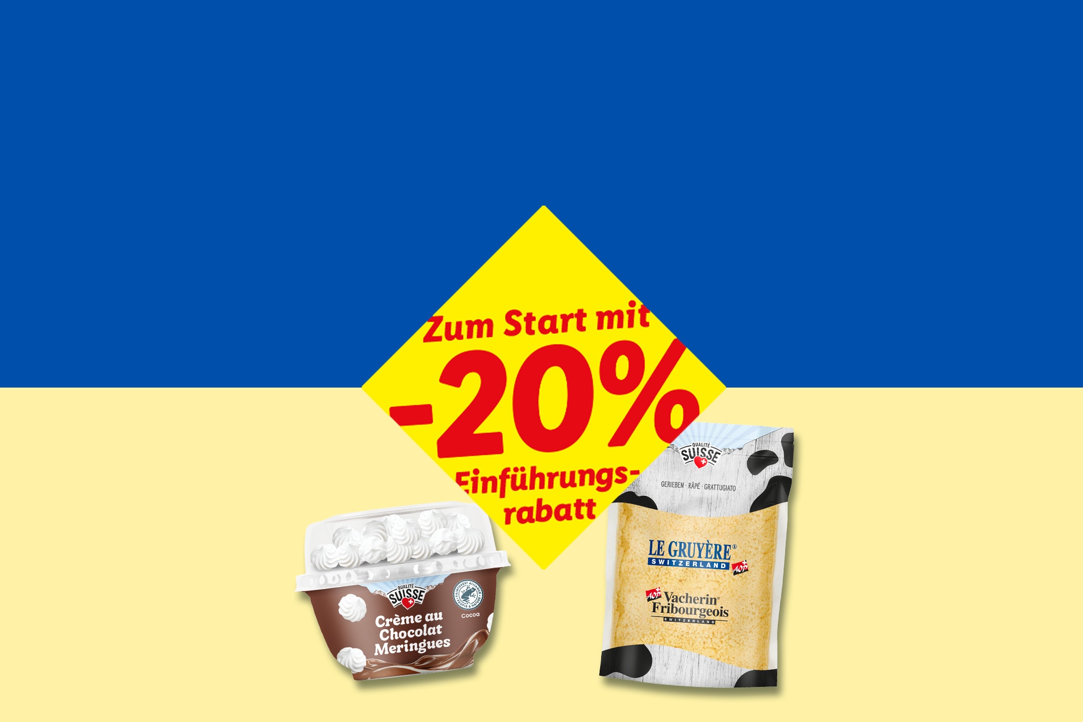 Schokoladencreme mit Baiser und geriebener Käse mit 20% Einführungsrabatt auf blau-gelbem Hintergrund.