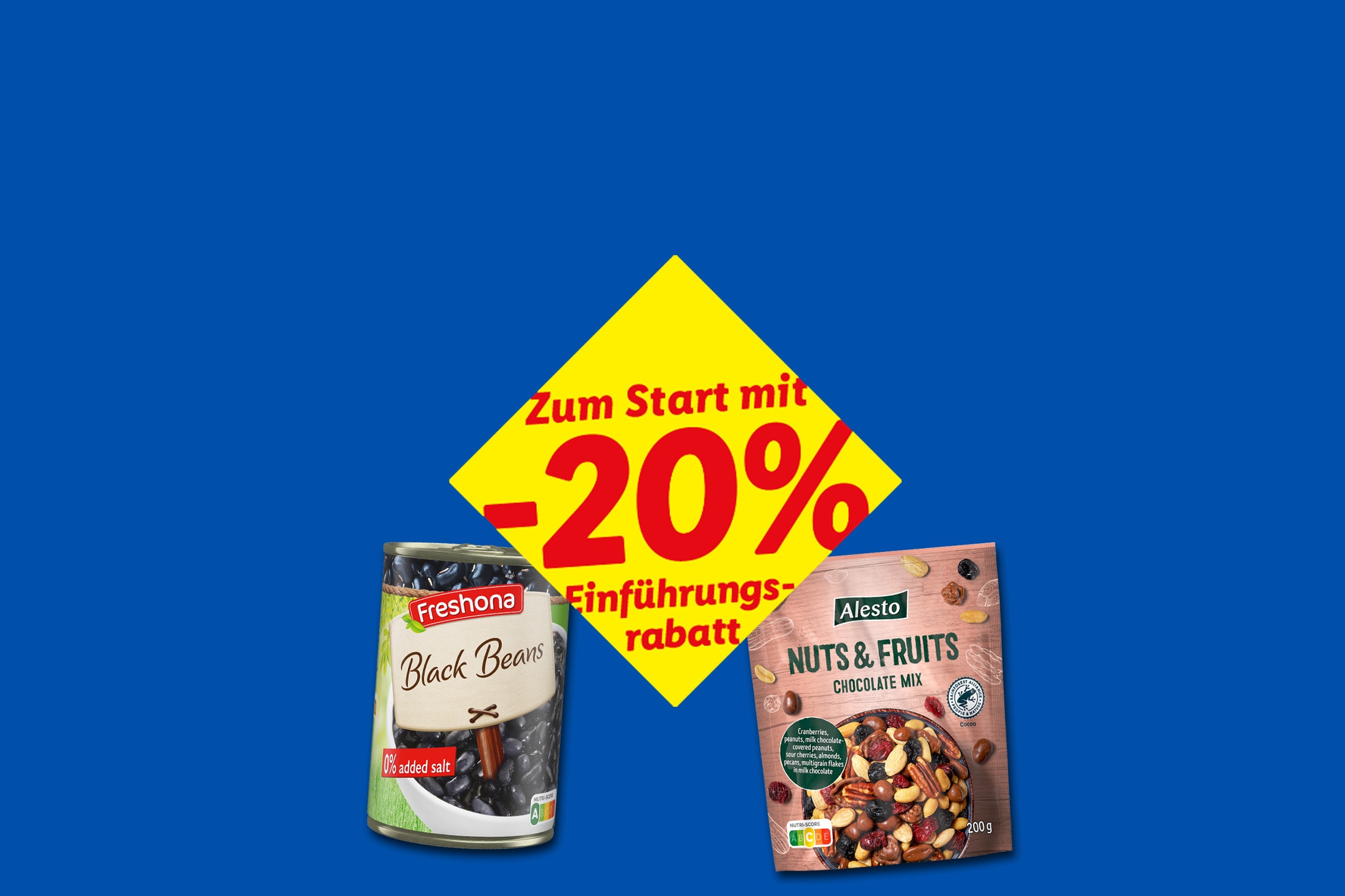 Schwarze Bohnen in Dosen und Nuss-Frucht-Schokoladenmischung, mit 20% Einführungsrabatt.
