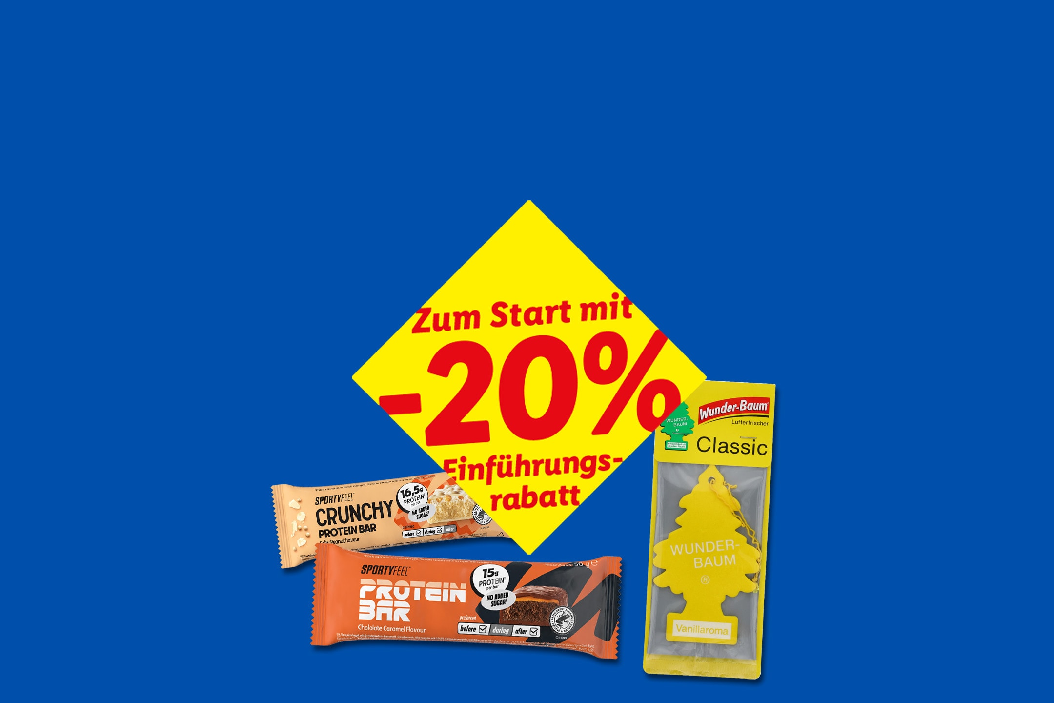 Proteinriegel und Lufterfrischer mit 20% Einführungsrabatt.