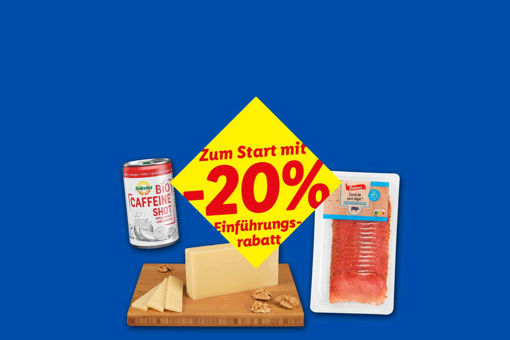 Energy-Drink, Käse und Aufschnitt mit 20% Rabatt.