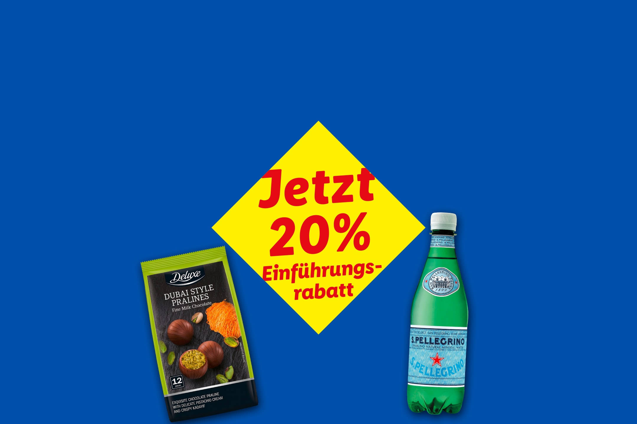 Schokoladenpralinen und sprudelndes Mineralwasser mit 20% Rabatt.