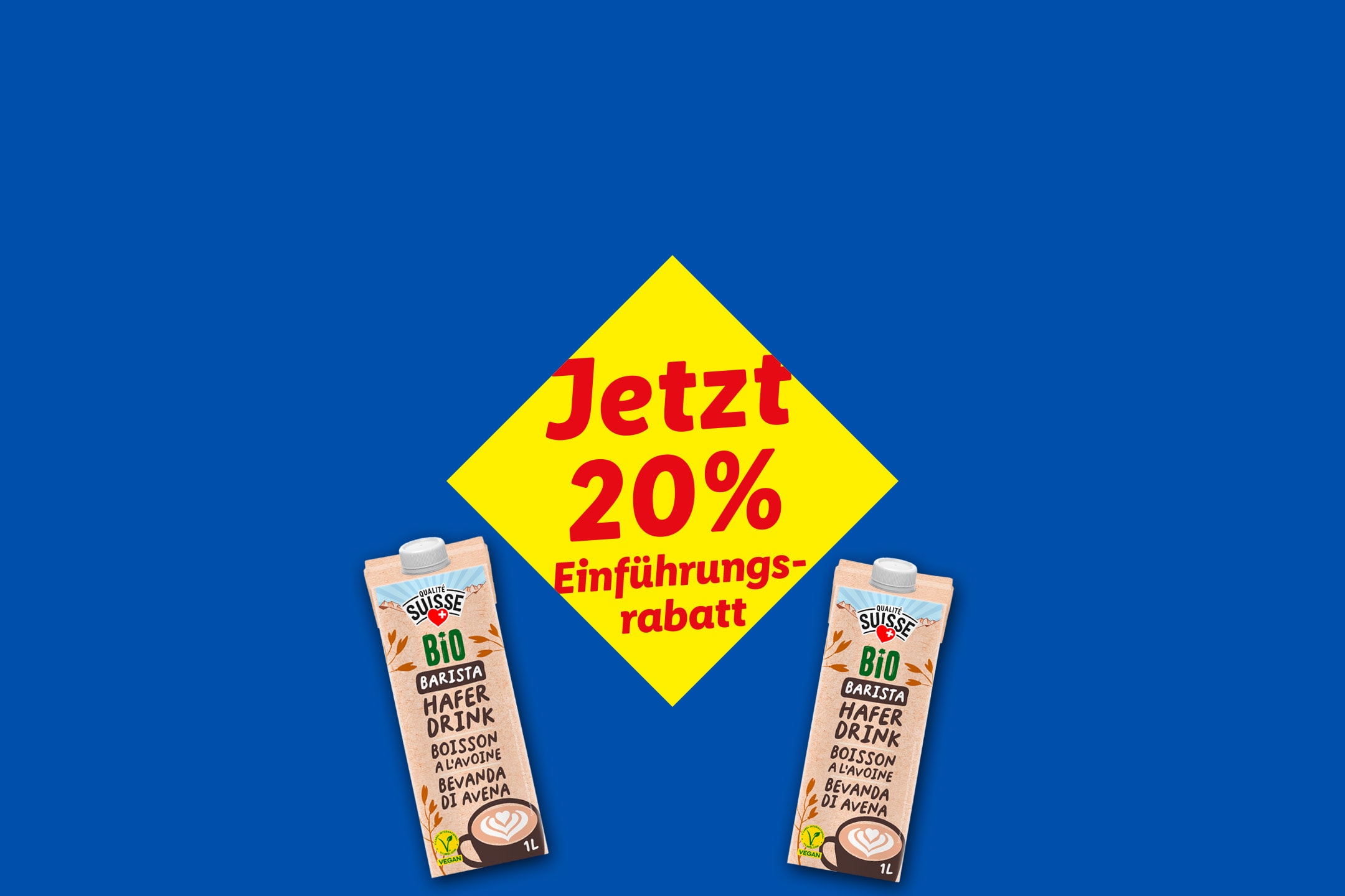 Zwei Packungen Bio-Haferdrink mit 20% Einführungsrabatt auf blauem Hintergrund.