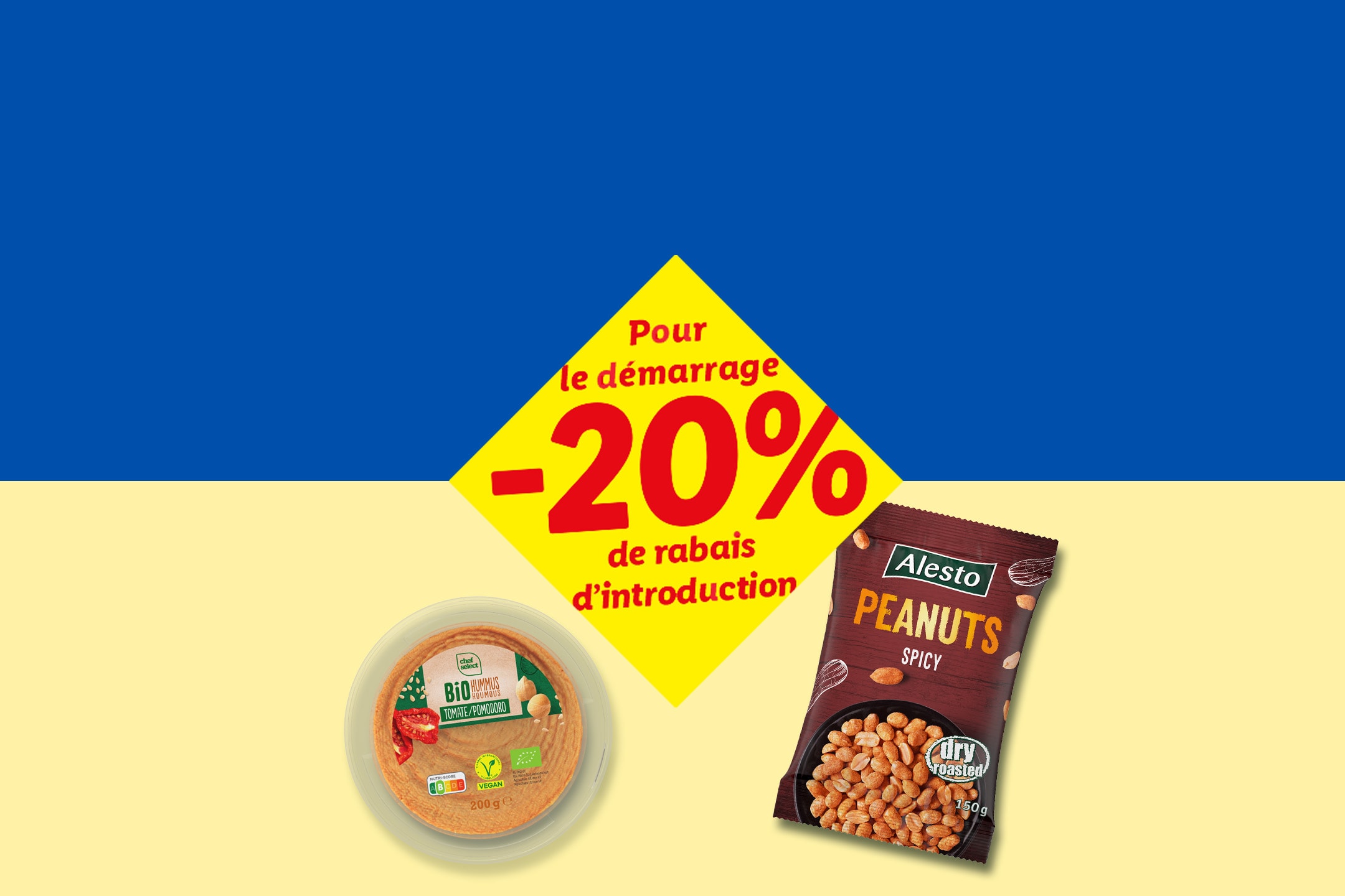 Hummus bio tomate et cacahuètes épicées Alesto sur fond bleu et jaune avec -20% de réduction.