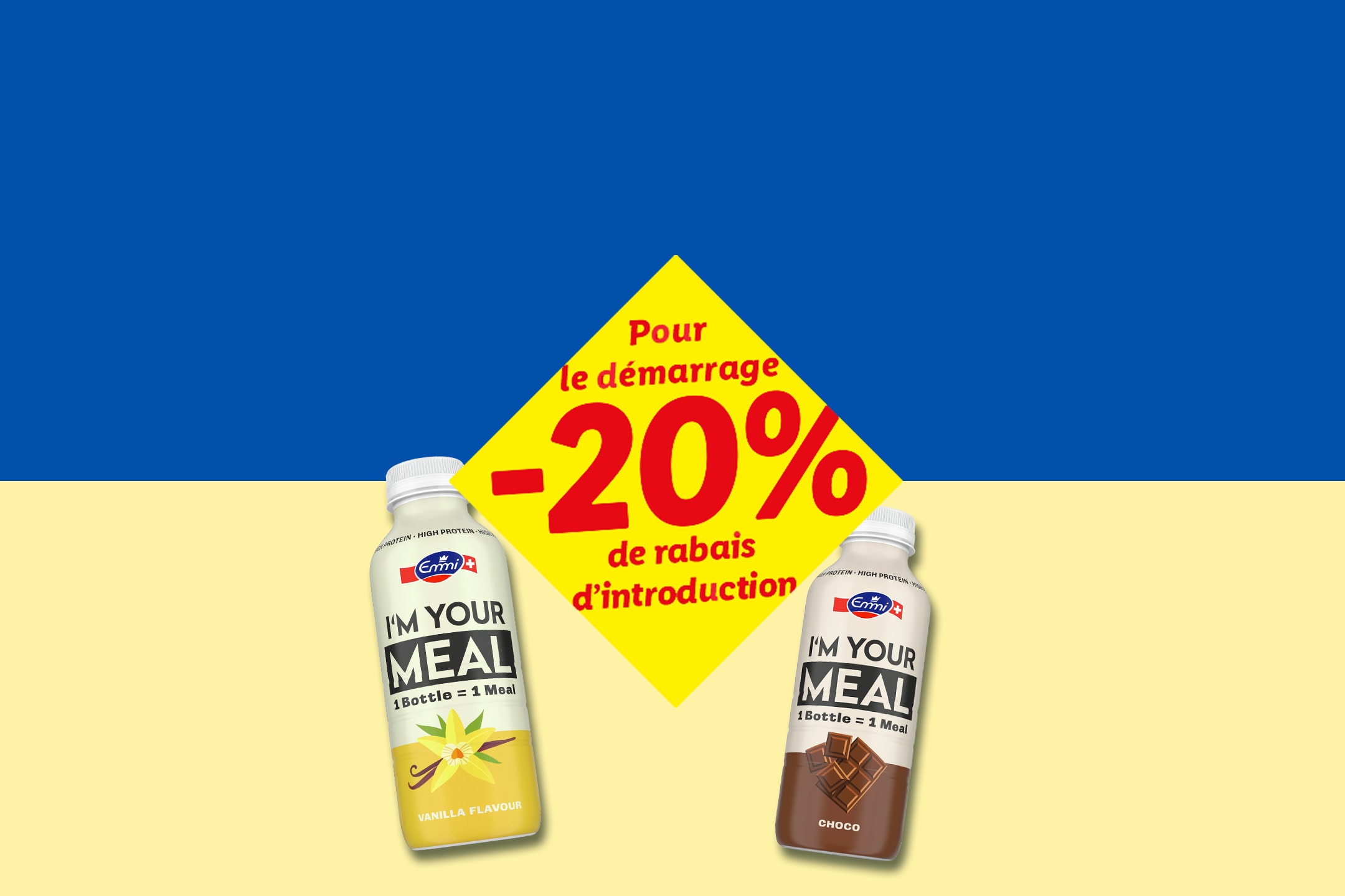 Deux bouteilles de substitut de repas, vanille et chocolat, avec une offre de -20%.