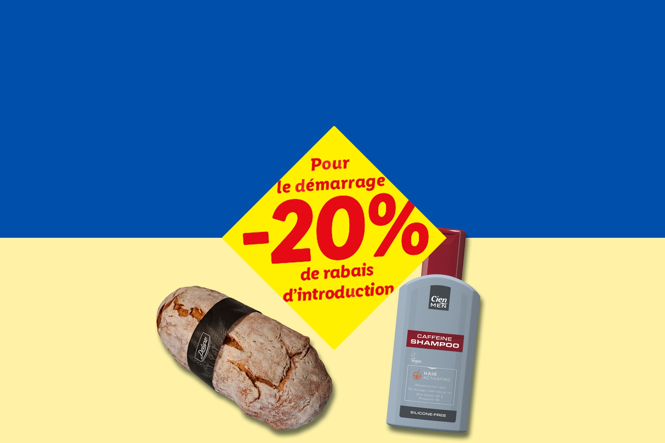 Un pain et un shampoing à la caféine sur un fond bleu et jaune avec une réduction de 20%.