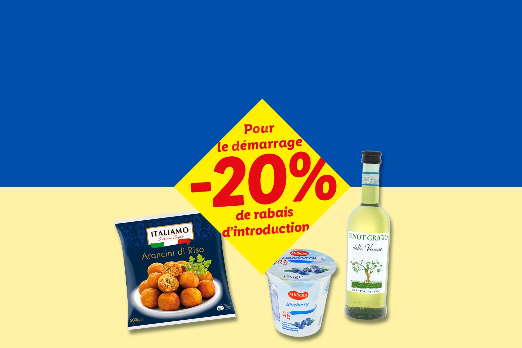 Promotion de -20% sur des arancini, un yaourt aux myrtilles et du vin blanc, sur fond ukrainien.