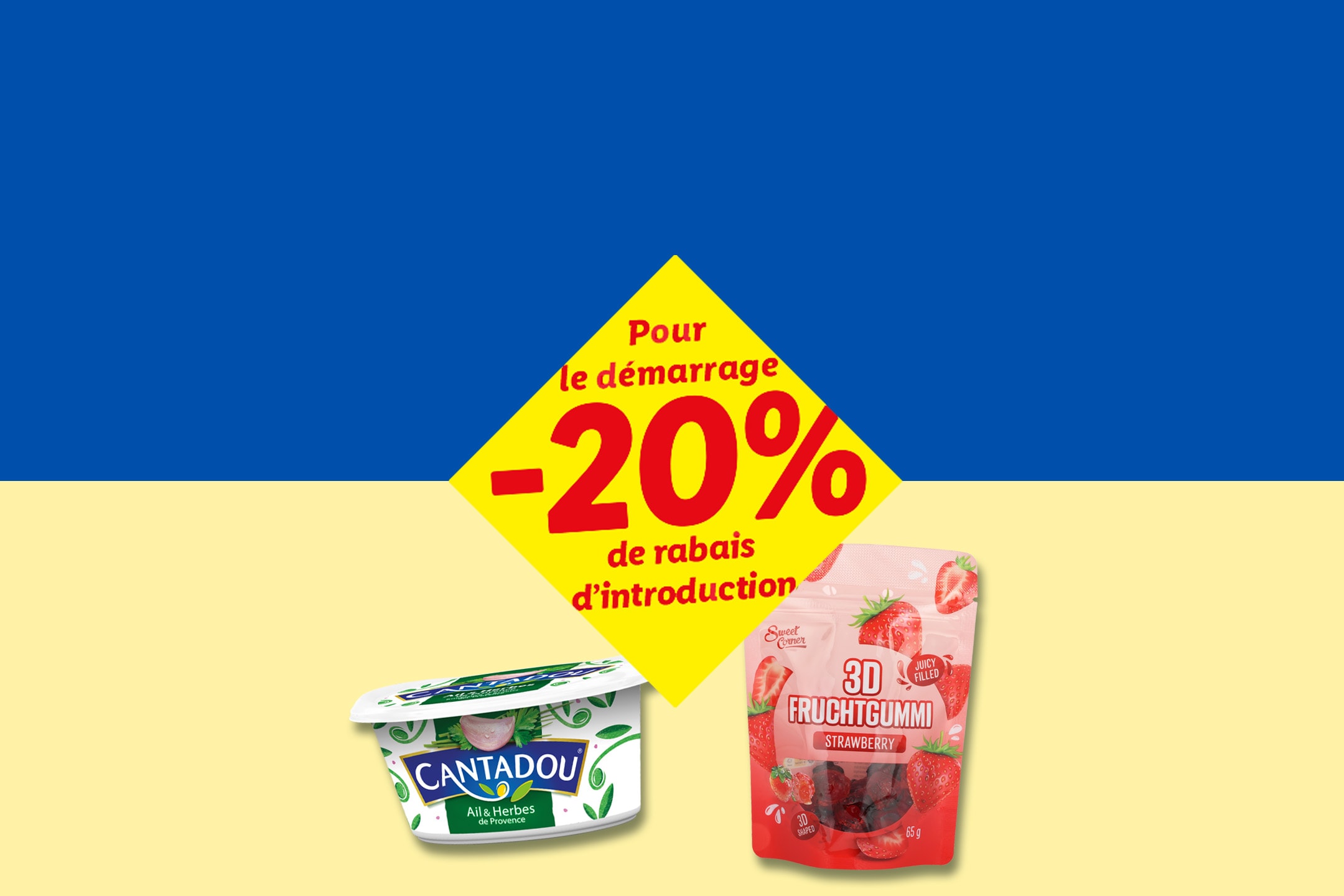 Image promotionnelle avec 20% de réduction de lancement sur le fromage frais et les bonbons gélifiés sur fond bleu et jaune.