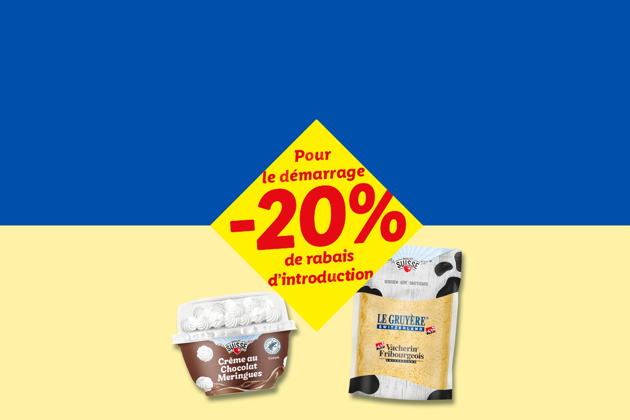 Crème au chocolat et meringues et fromage râpé sur fond bleu et jaune avec une offre de -20%.