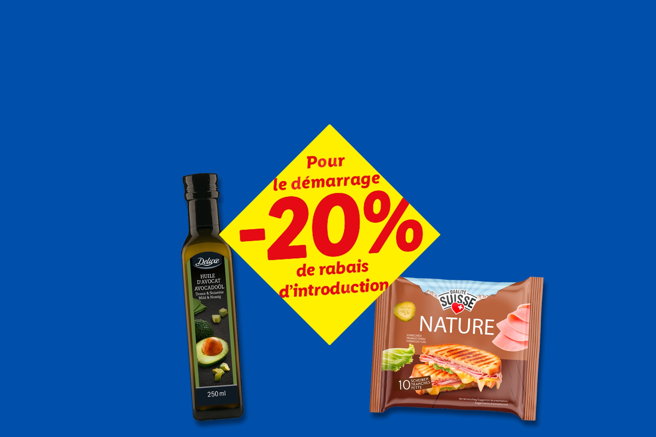 Huile d'avocat et fromage en tranches avec 20% de réduction de lancement.