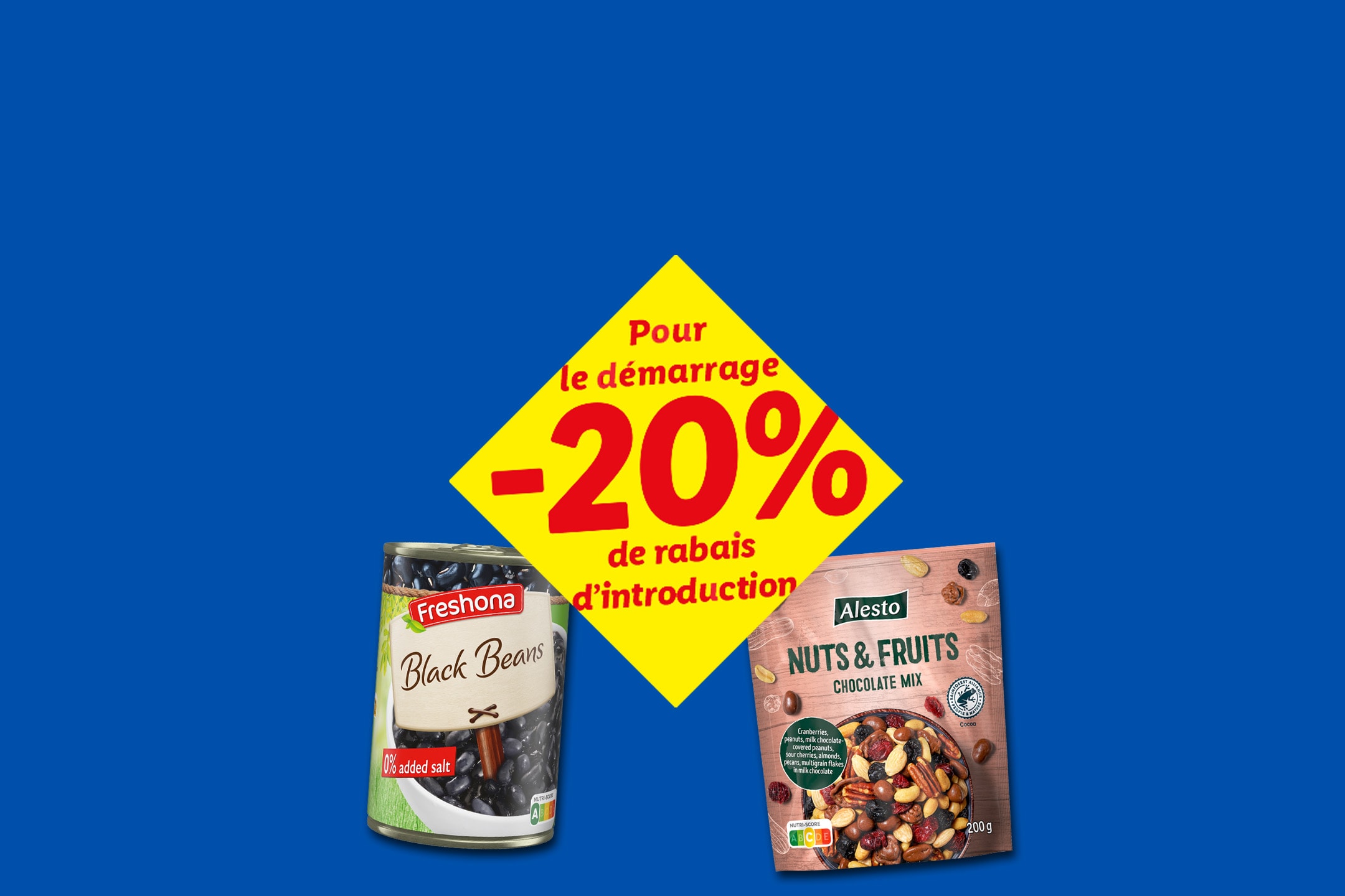 Une conserve de haricots noirs et un sachet de mélange de noix et fruits secs avec une réduction de 20%.