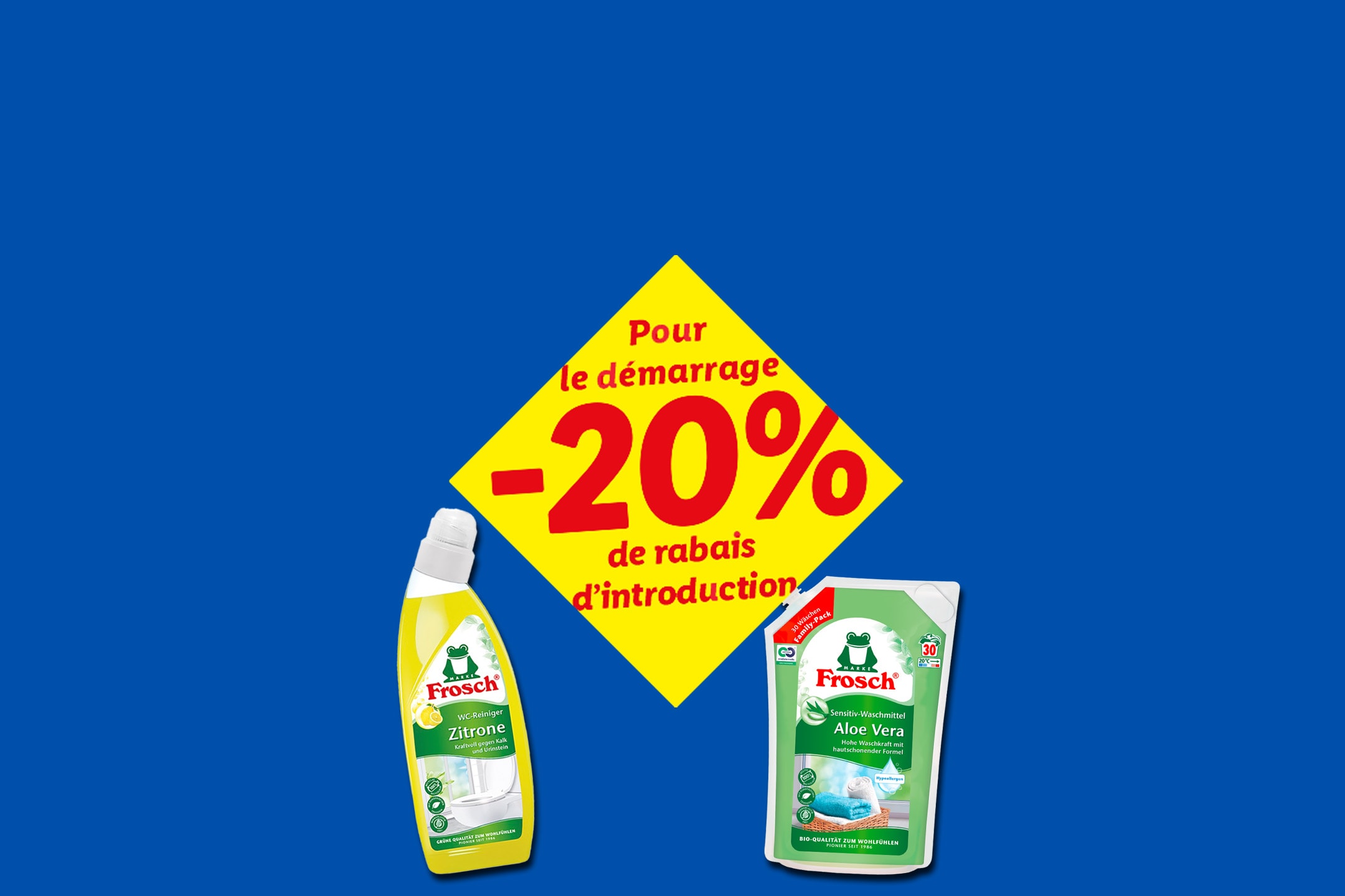 Bouteille de nettoyant WC citron et sachet de lessive Aloe Vera avec une offre de -20%.