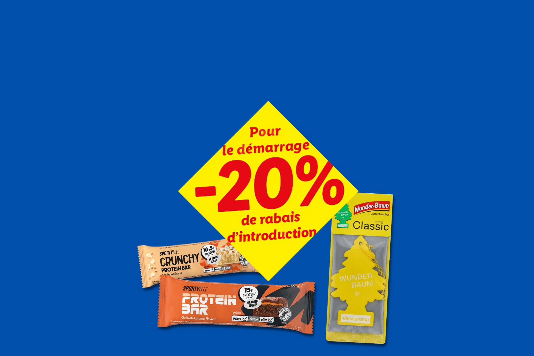 Barres protéinées et désodorisant de voiture avec 20% de réduction de lancement.