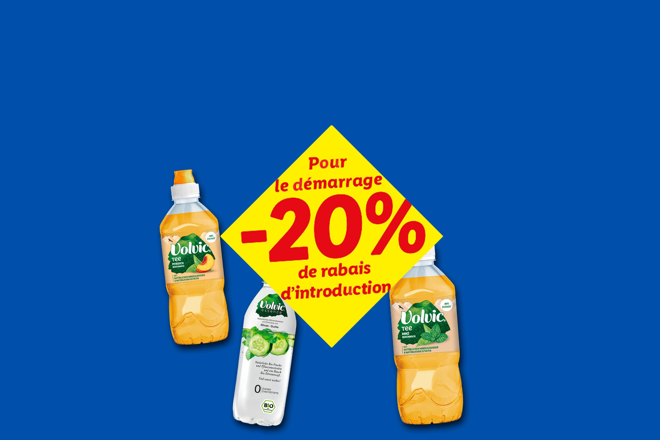 Trois boissons au thé sur fond bleu avec 20% de réduction de lancement.