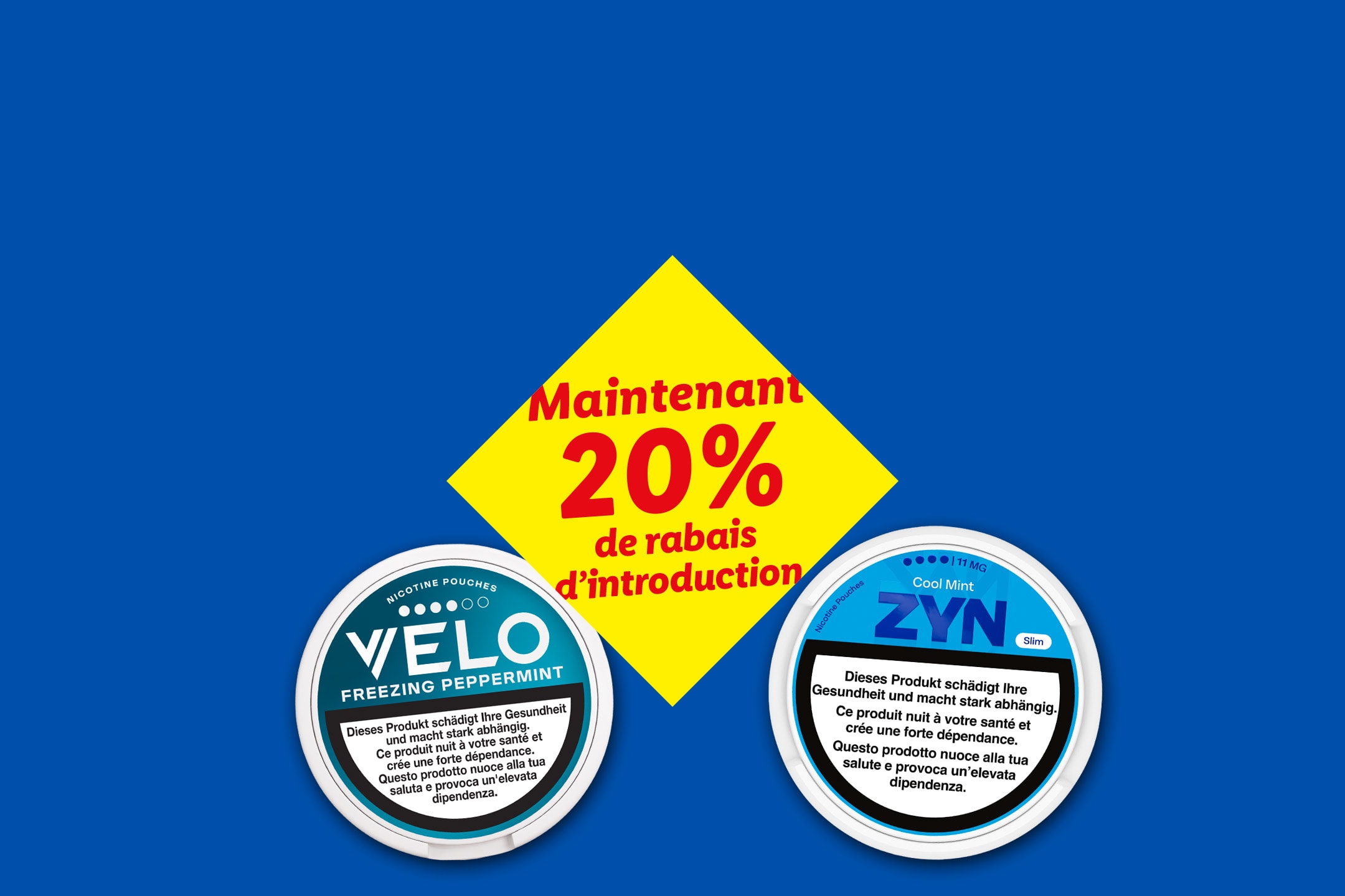Deux boîtes de sachets de nicotine avec une offre de 20% de réduction.