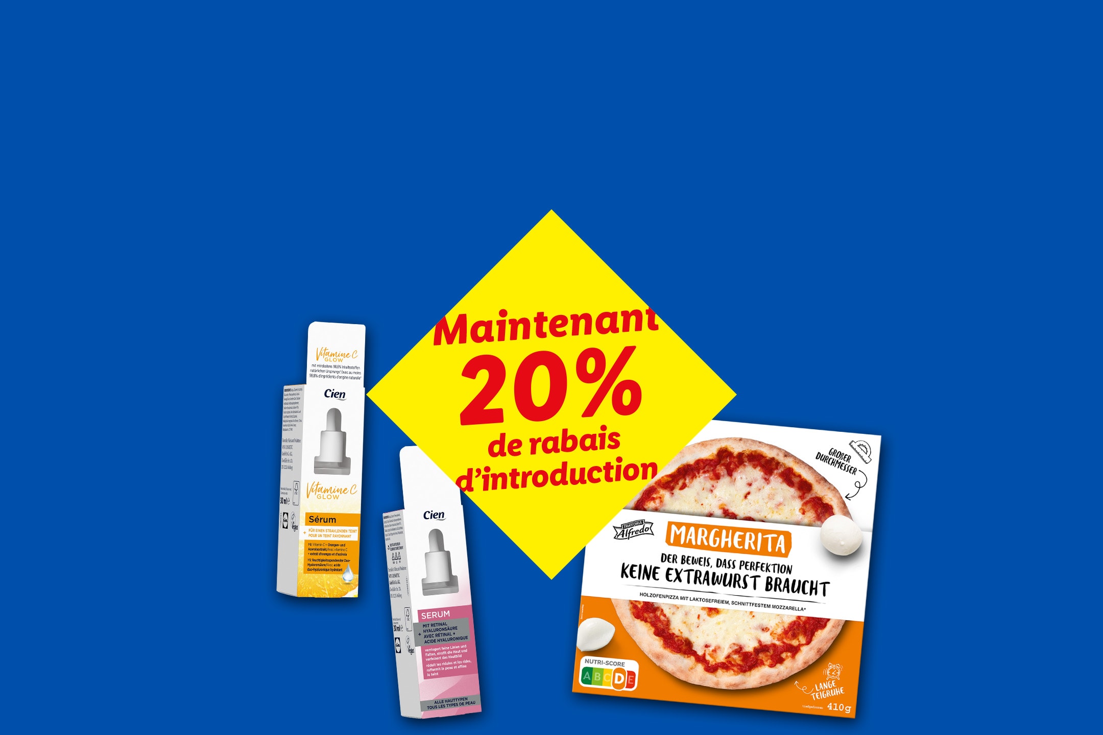 Deux produits cosmétiques et une pizza Margherita avec une bannière jaune annonçant 20% de réduction de lancement.