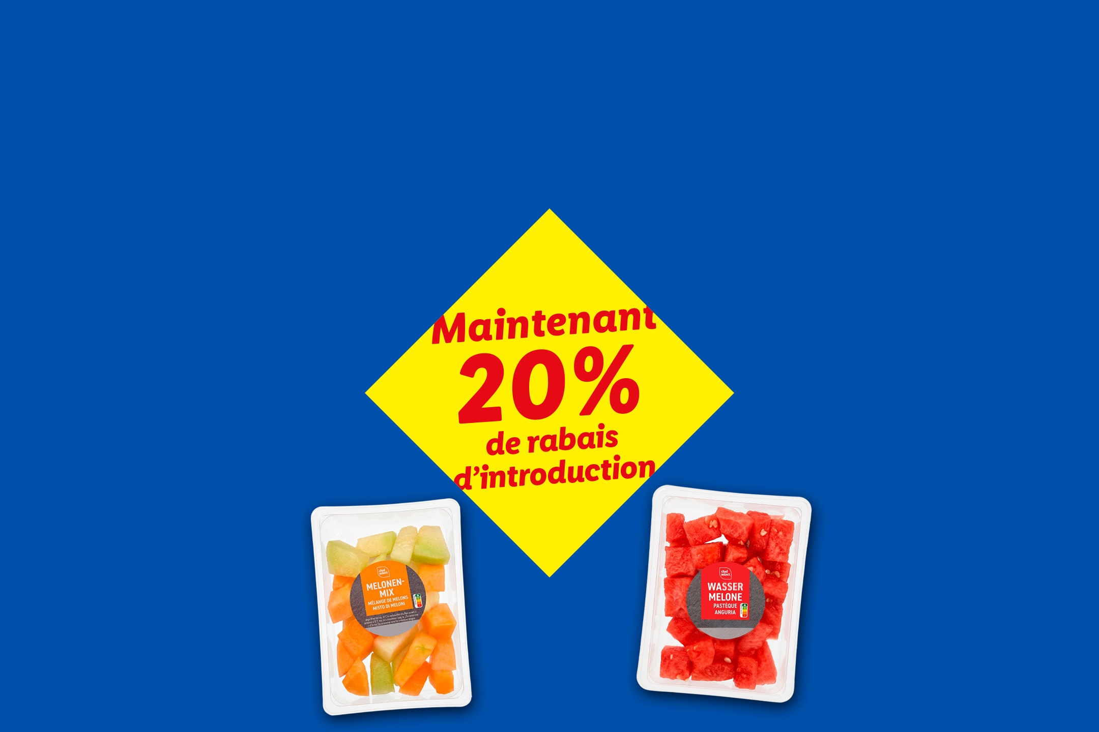 Mélange de melons et pastèque en dés avec 20% de rabais d'introduction sur fond bleu.