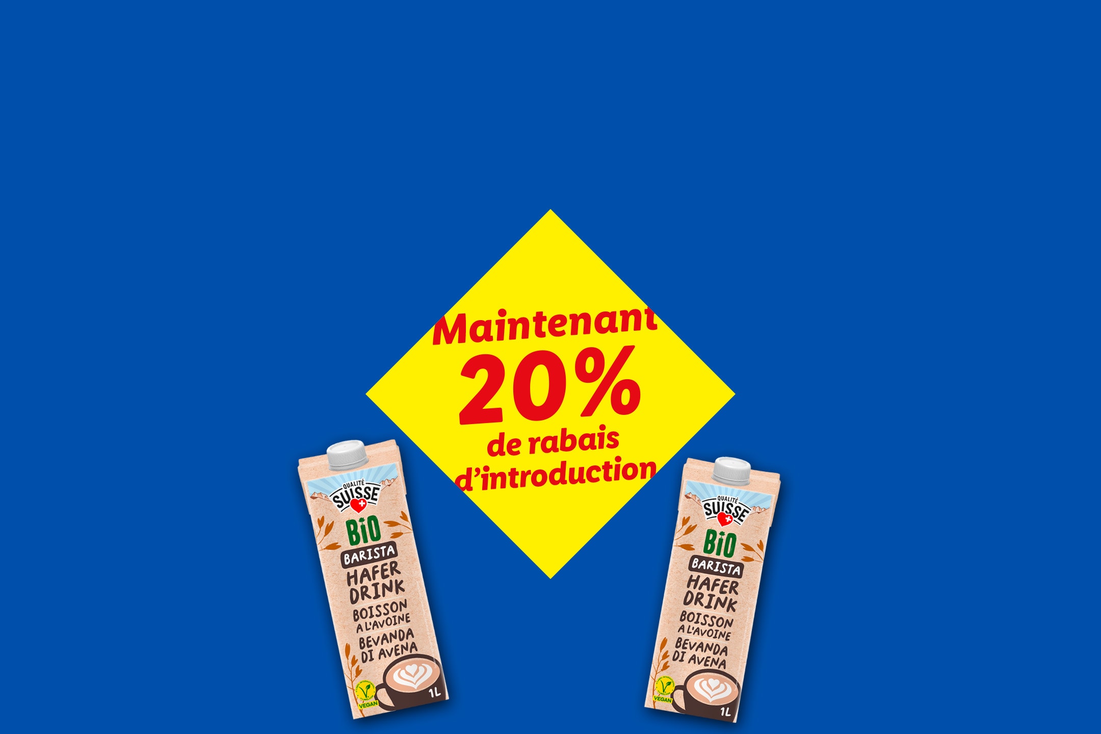 Deux boissons à l'avoine avec 20% de réduction de lancement sur fond bleu.