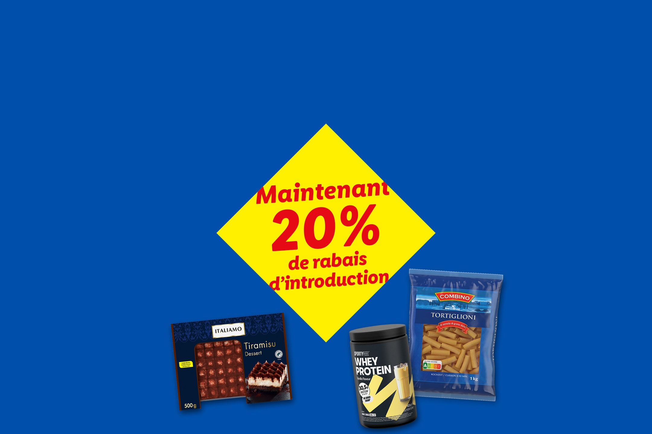 Une offre de 20% de réduction sur des pâtes, de la poudre de protéines et du tiramisu.