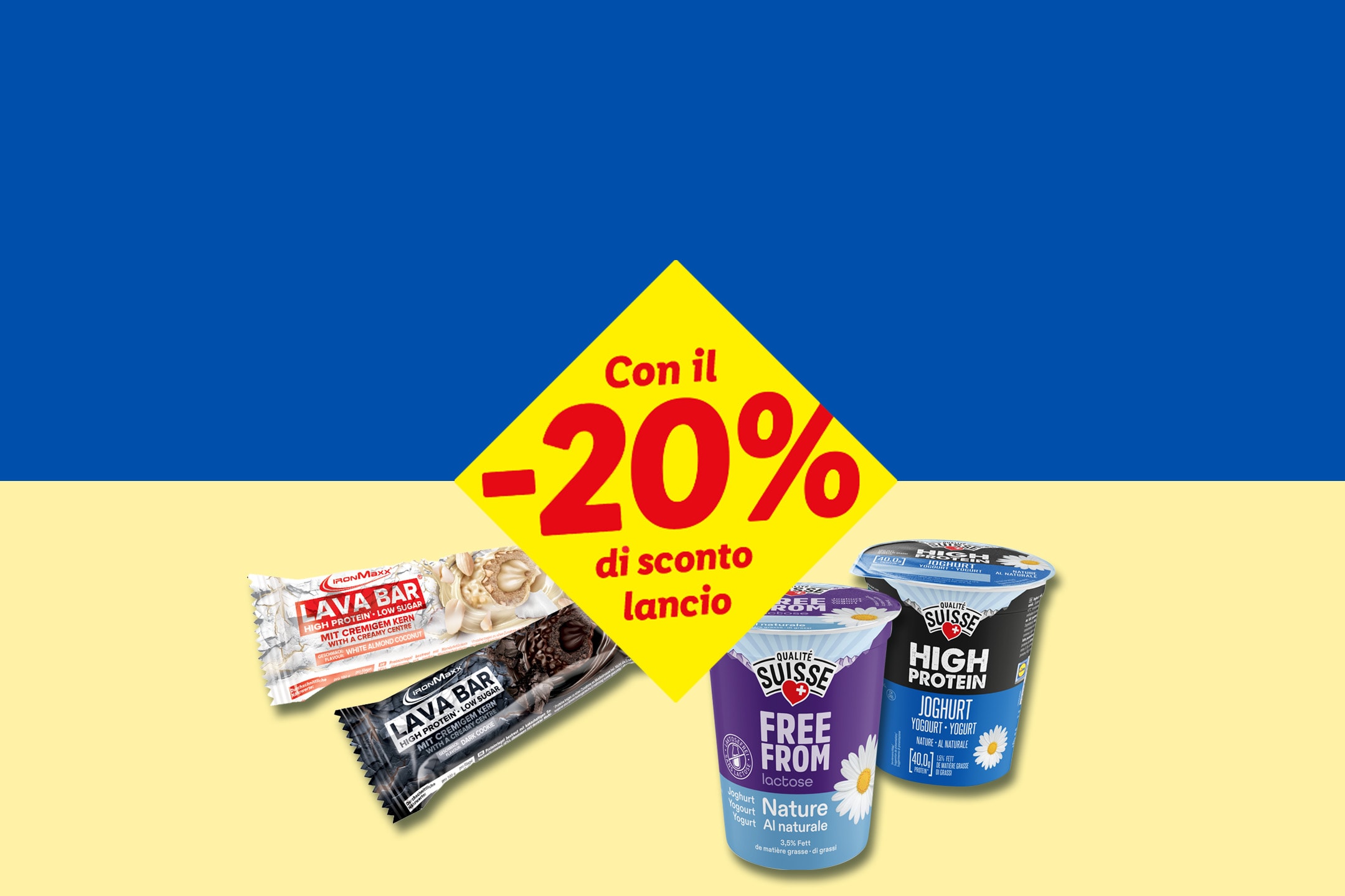 Pubblicità Lidl con barrette proteiche e yogurt senza lattosio, con il 20% di sconto lancio.