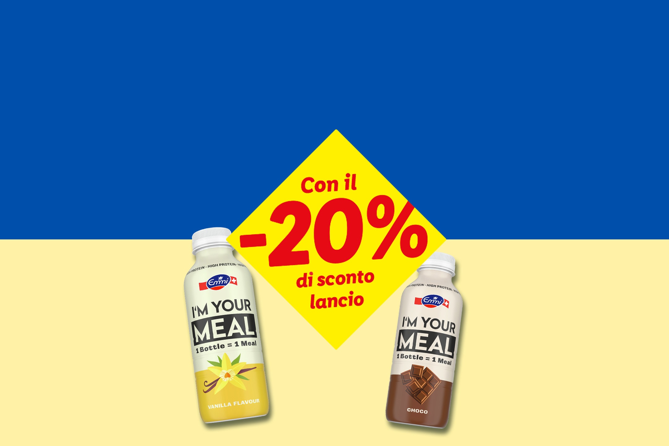 Due bottiglie di sostituto del pasto, vaniglia e cioccolato, con uno sconto del 20%.