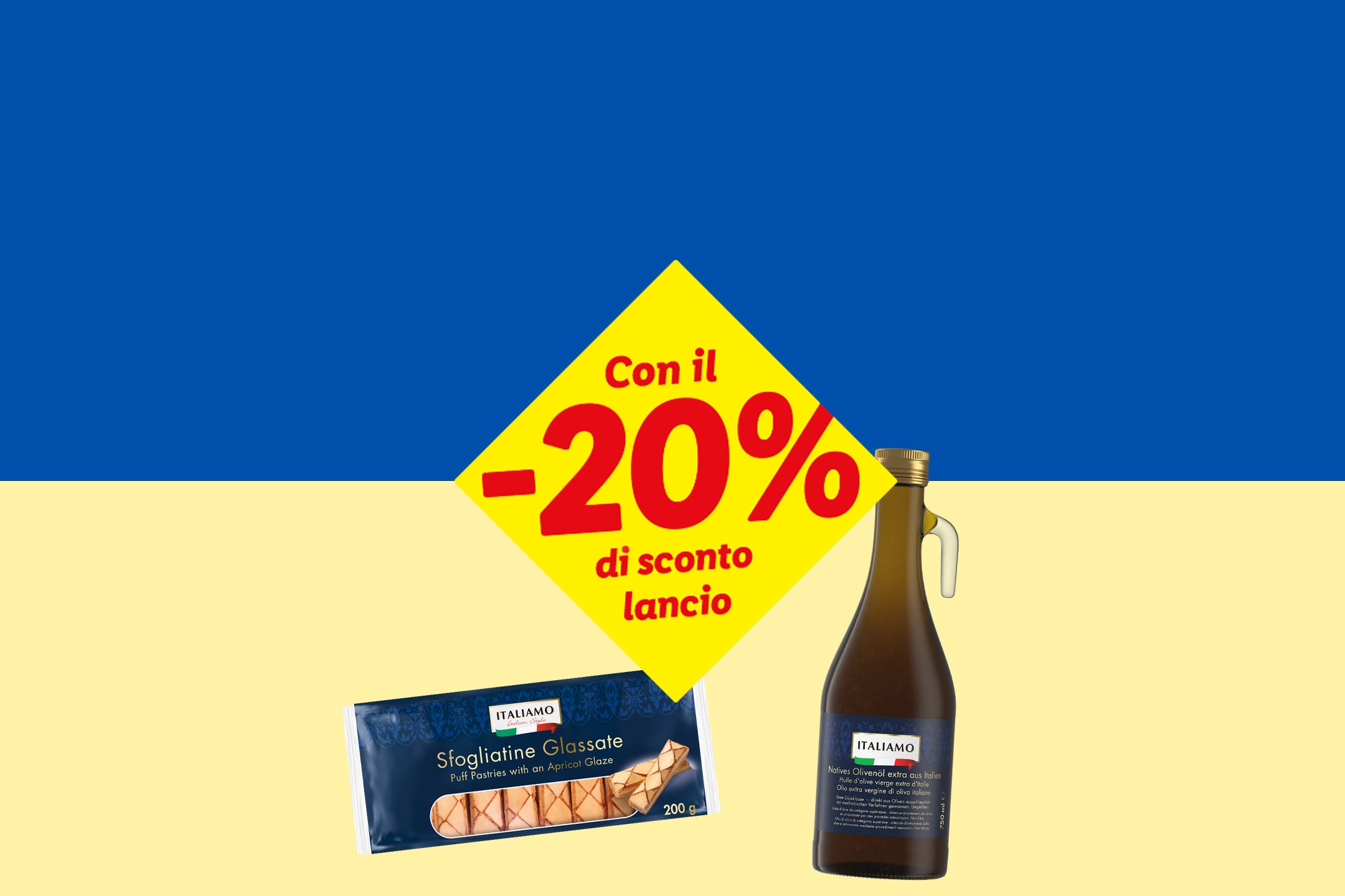 Sconto del 20% su sfogliatine glassate e olio d'oliva su sfondo giallo e blu.