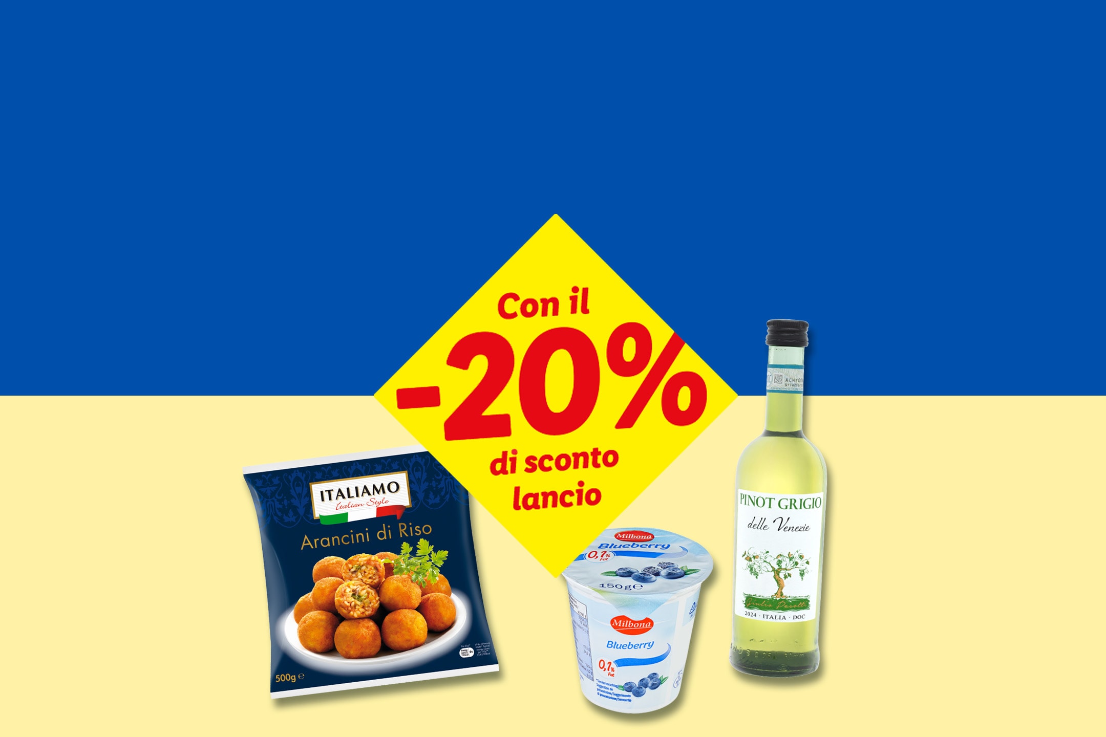 Arancini, yogurt ai mirtilli e vino bianco con uno sconto del 20%.