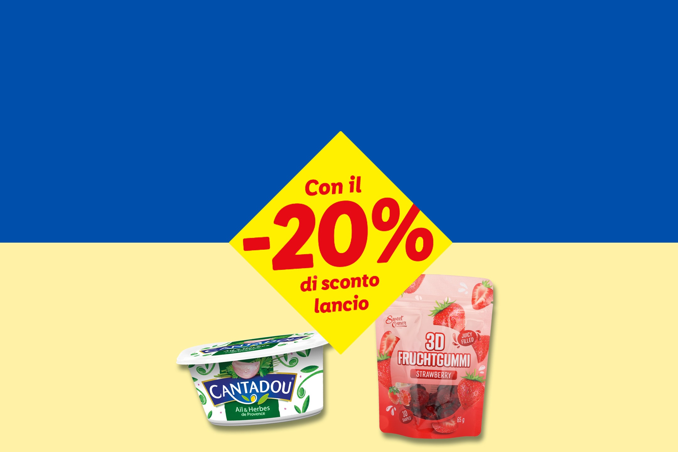 Burro alle erbe e caramelle gommose alla fragola con sconto del 20% su sfondo bandiera ucraina.