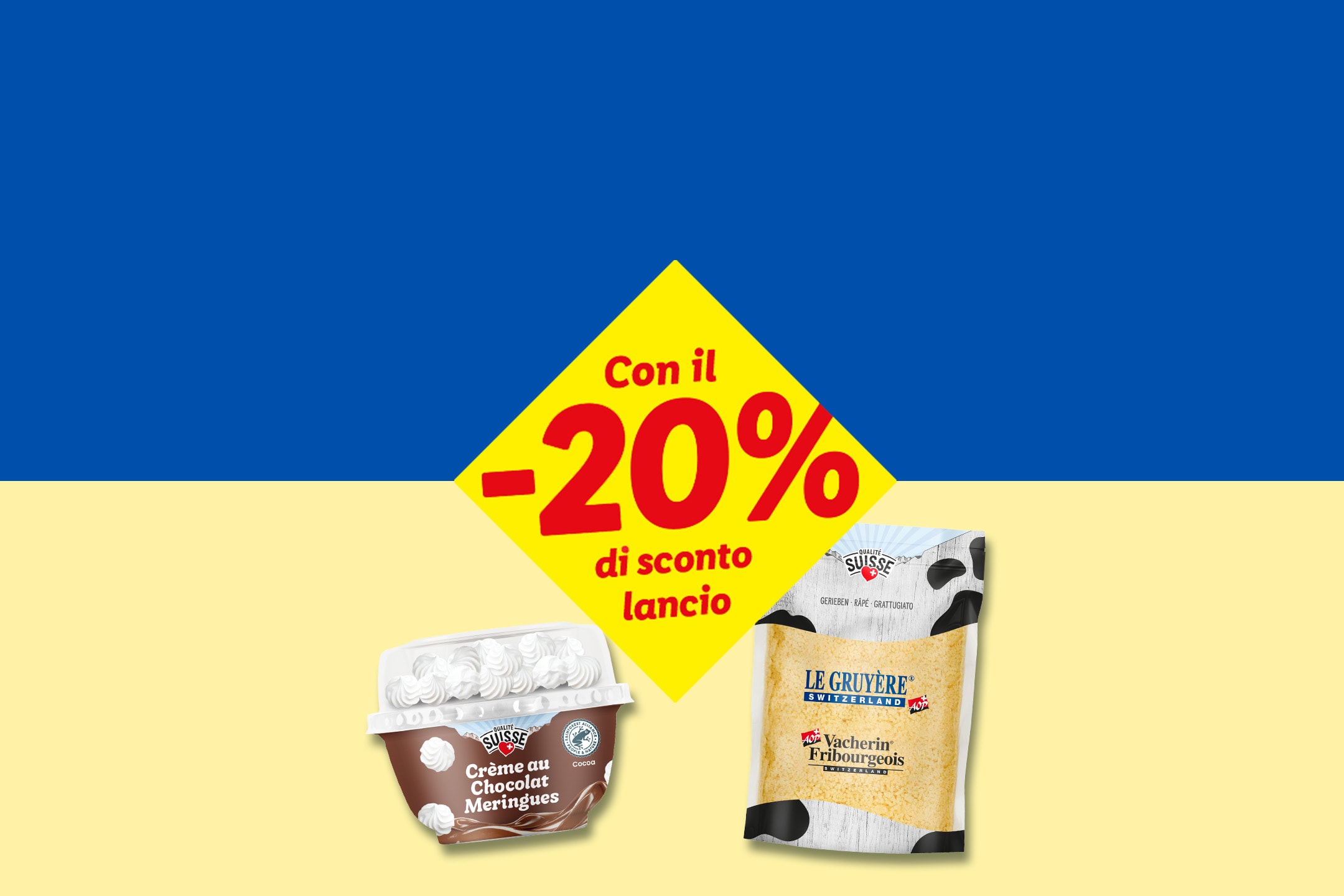 Crema al cioccolato e formaggio grattugiato con sconto del 20% su sfondo blu e giallo.