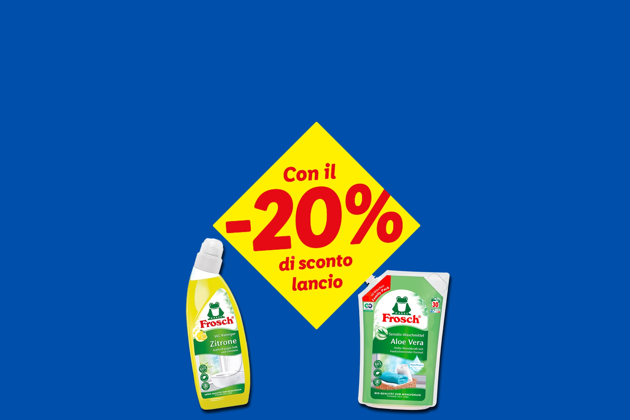 Detergente per WC al limone e detersivo per bucato all'aloe vera con sconto del 20%.