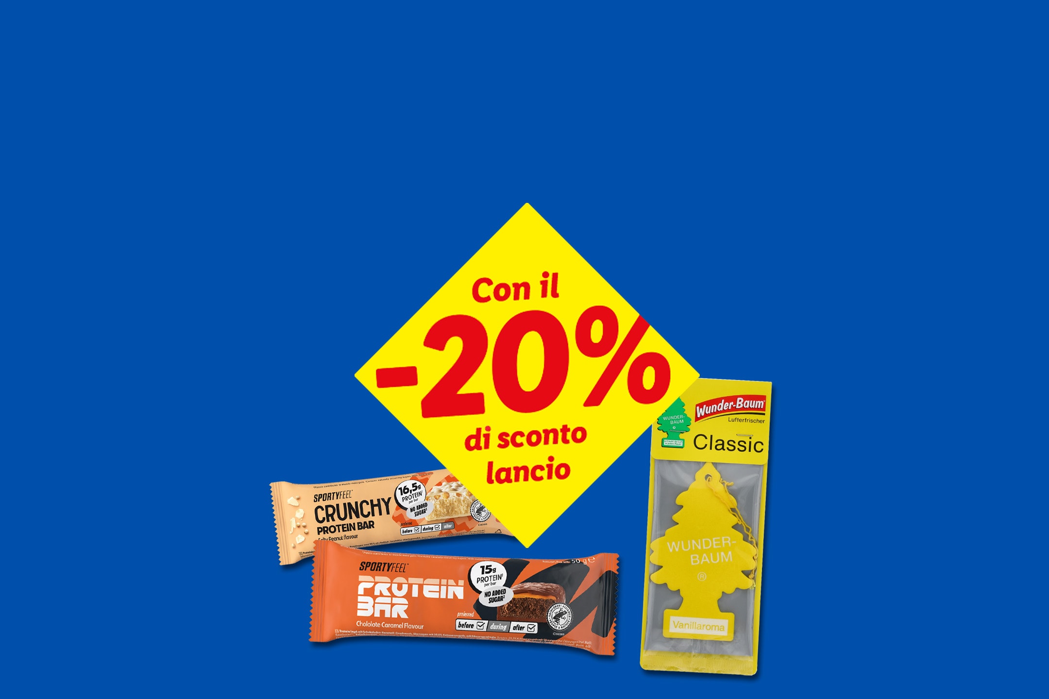 Barrette proteiche e deodorante per auto con sconto del 20% sul lancio.