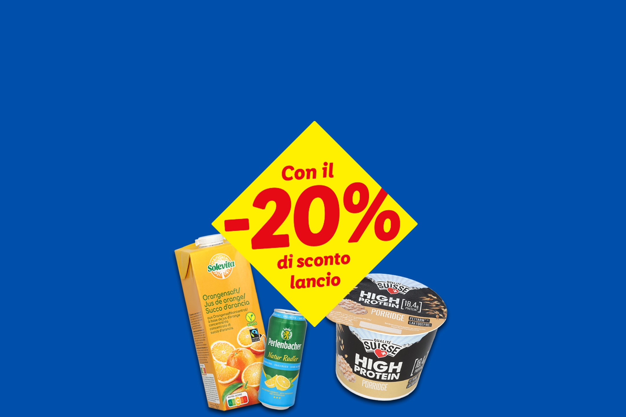 Succo d'arancia, bibita analcolica e porridge proteico con sconto del 20%.