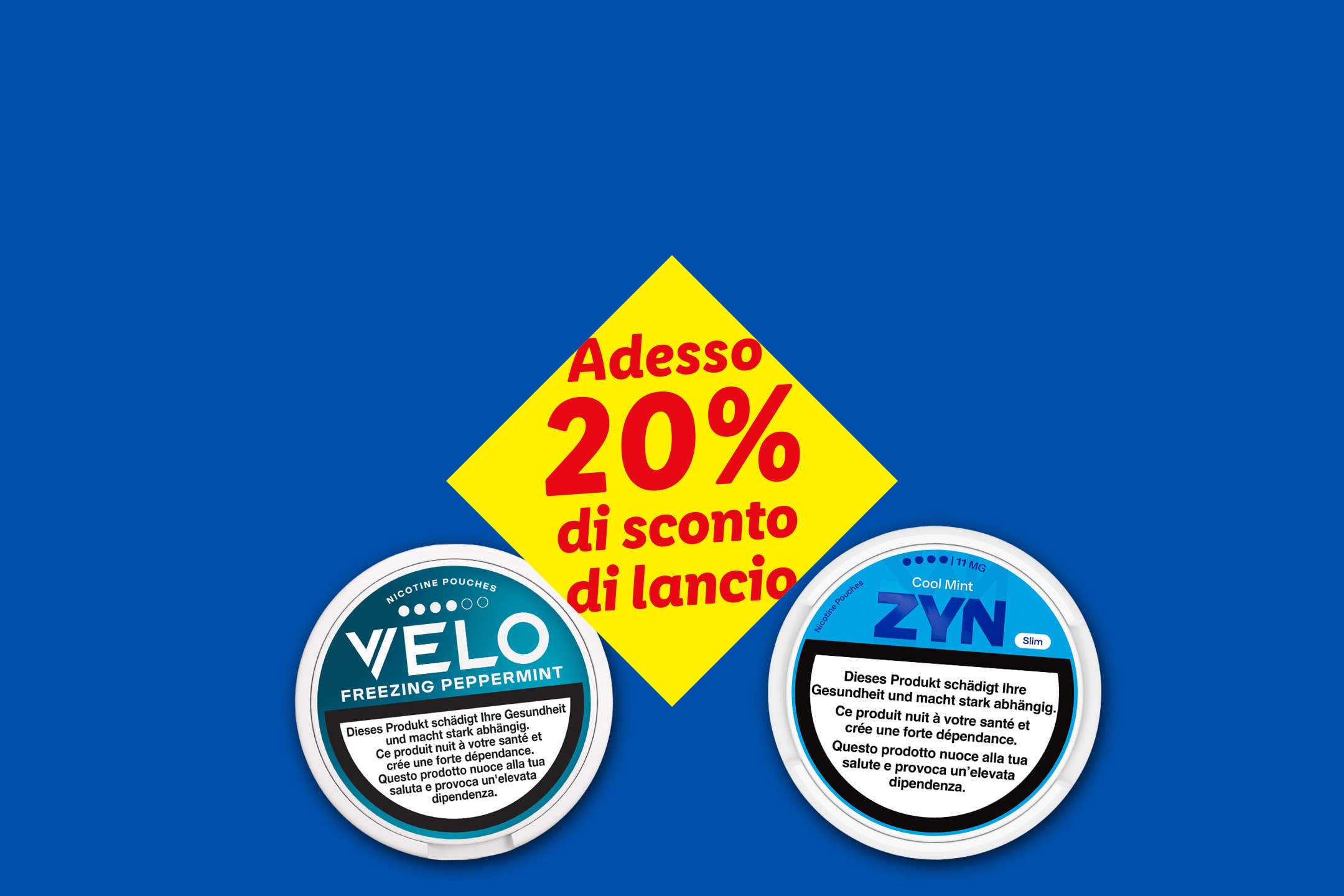 Due scatole di bustine di nicotina con un'offerta di lancio del 20% di sconto.