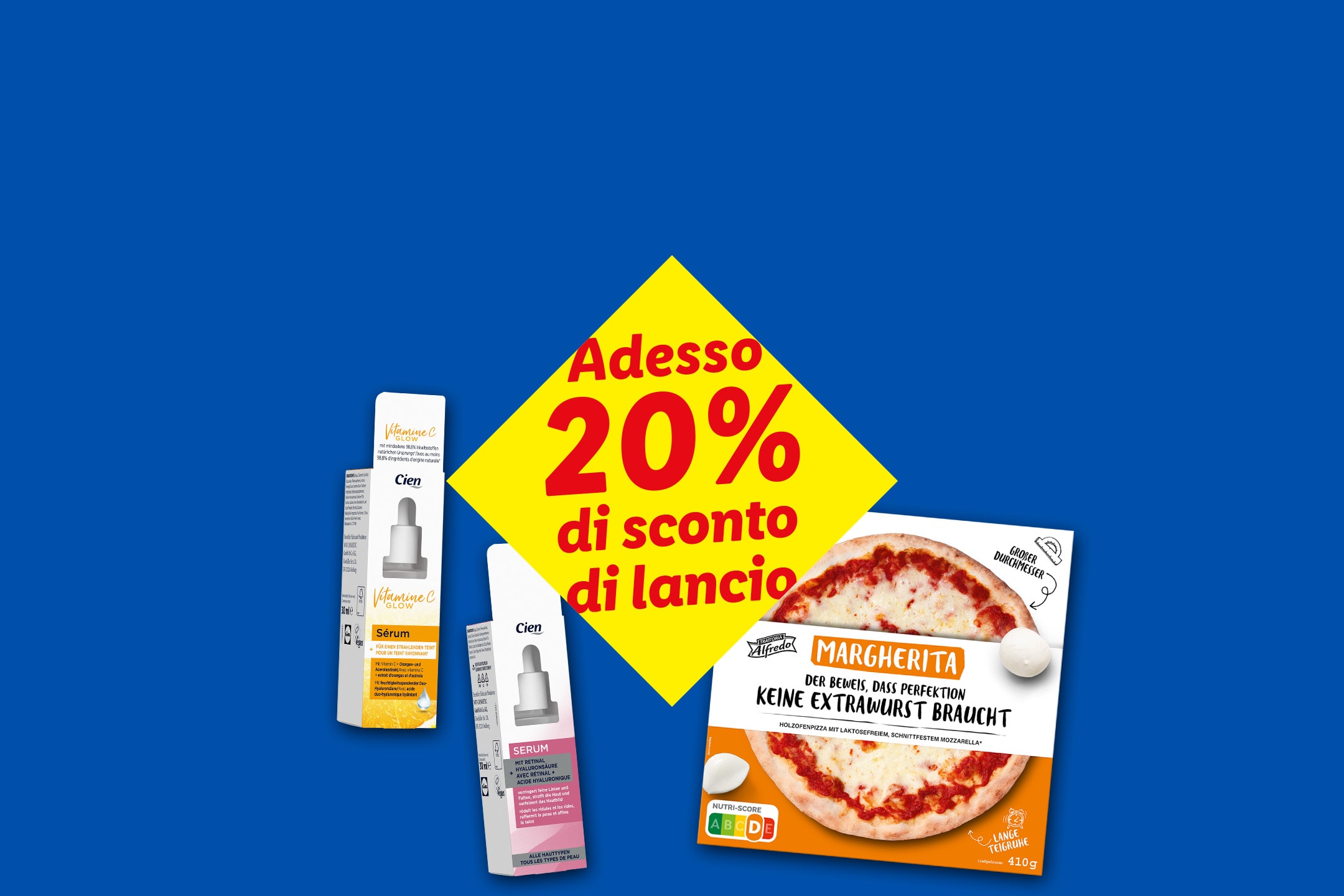 Due prodotti cosmetici e una pizza Margherita con un banner giallo di sconto: „Adesso 20% di sconto di lancio“.