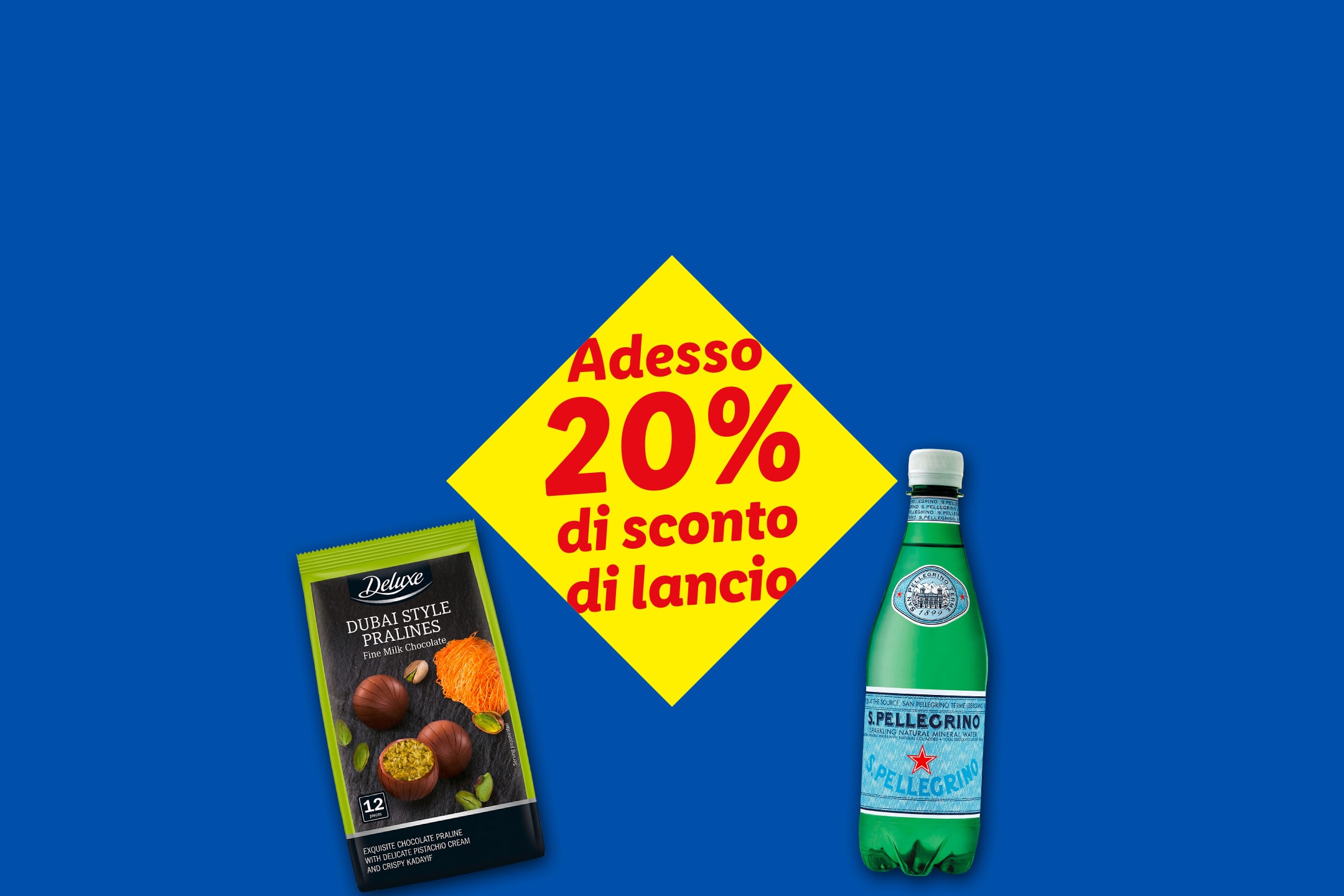 Praline al cioccolato e acqua minerale frizzante con uno sconto del 20%.