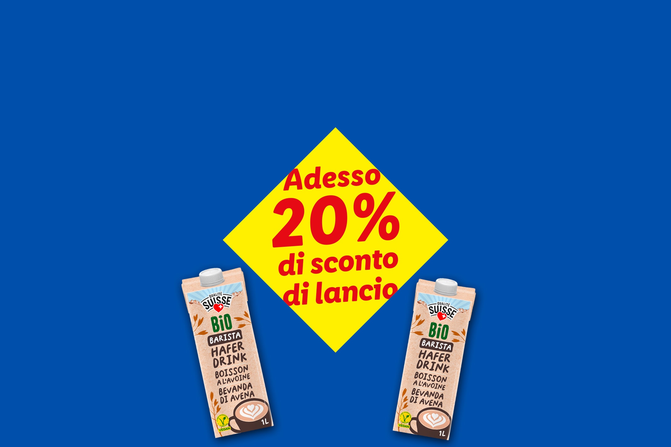 Due bevande all'avena con il 20% di sconto di lancio su sfondo blu.