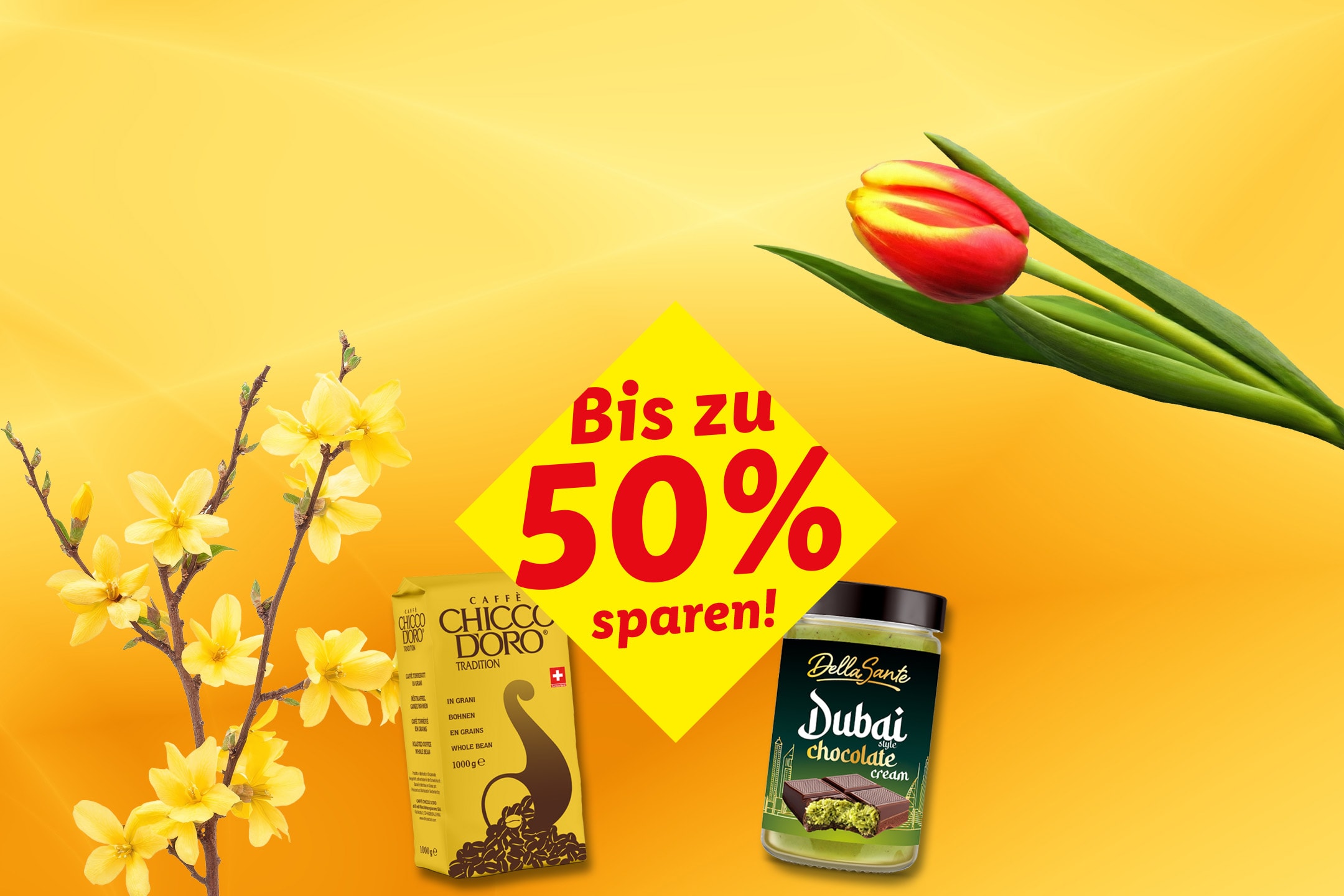 Kaffeebohnen und Schokoladencreme mit bis zu 50% Rabatt auf gelbem Hintergrund.