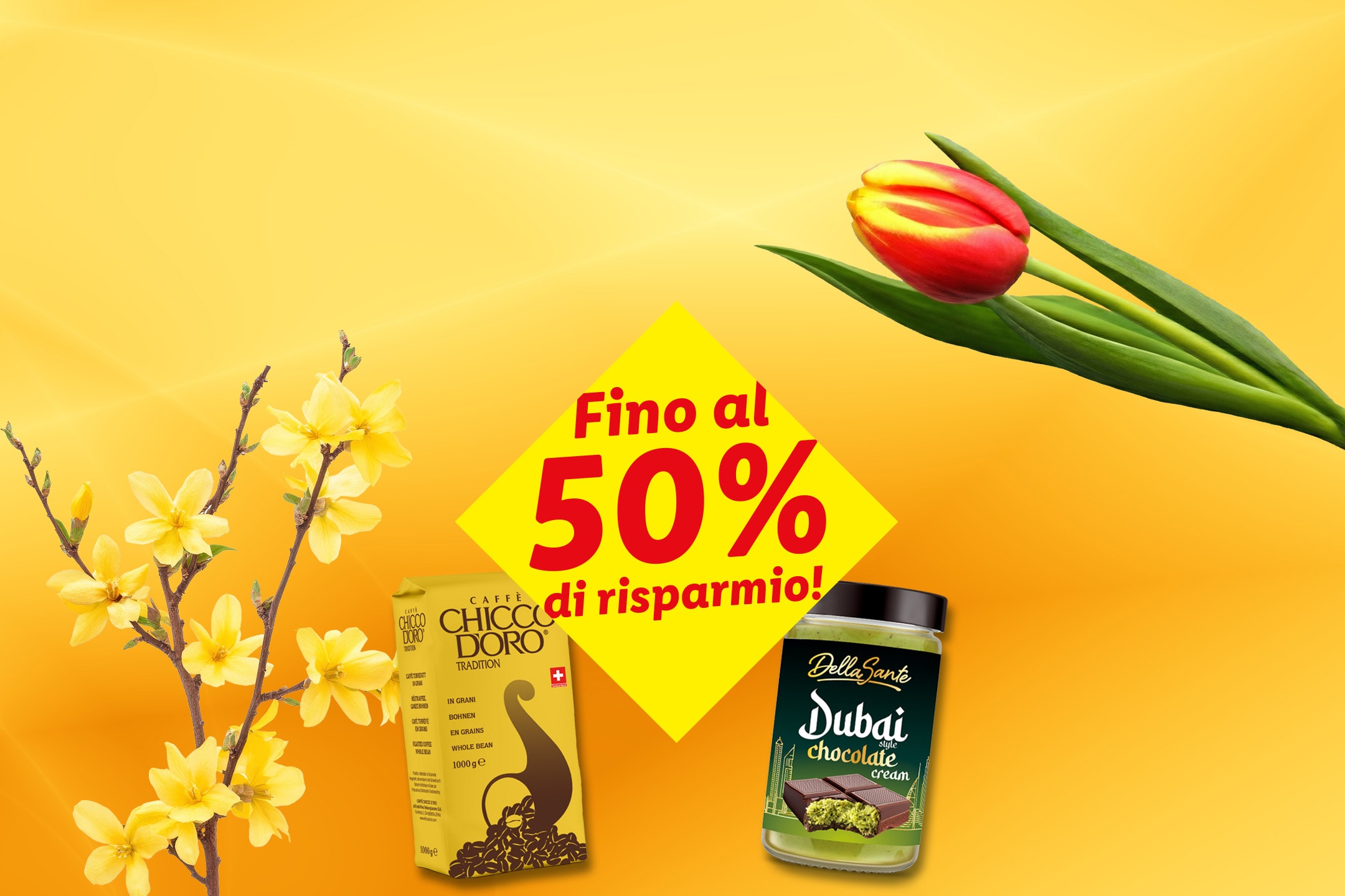 Una confezione di caffè e una crema spalmabile al cioccolato con uno sconto del 50%, circondate da fiori primaverili.