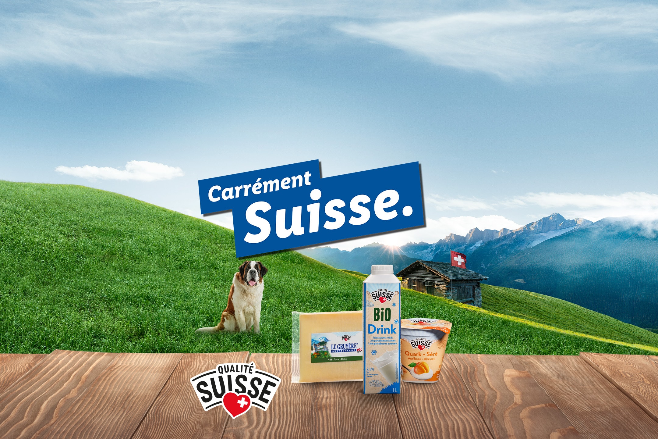 Produits laitiers suisses comme Bio Drink, Quark et fromage Gruyère avec Saint-Bernard et Alpes.