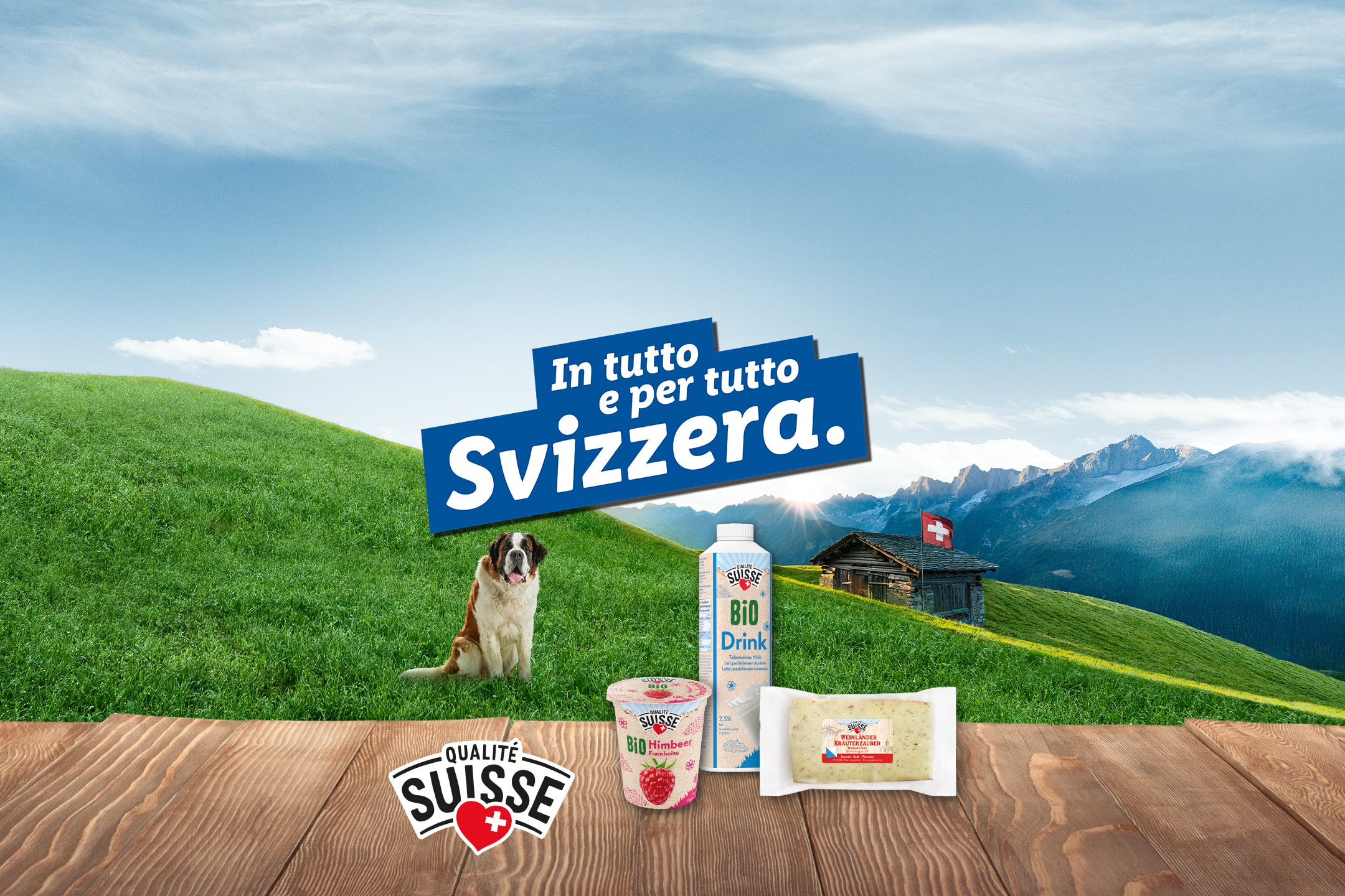 Prodotti lattiero-caseari svizzeri (yogurt, bevanda al latte, formaggio) con San Bernardo e chalet.