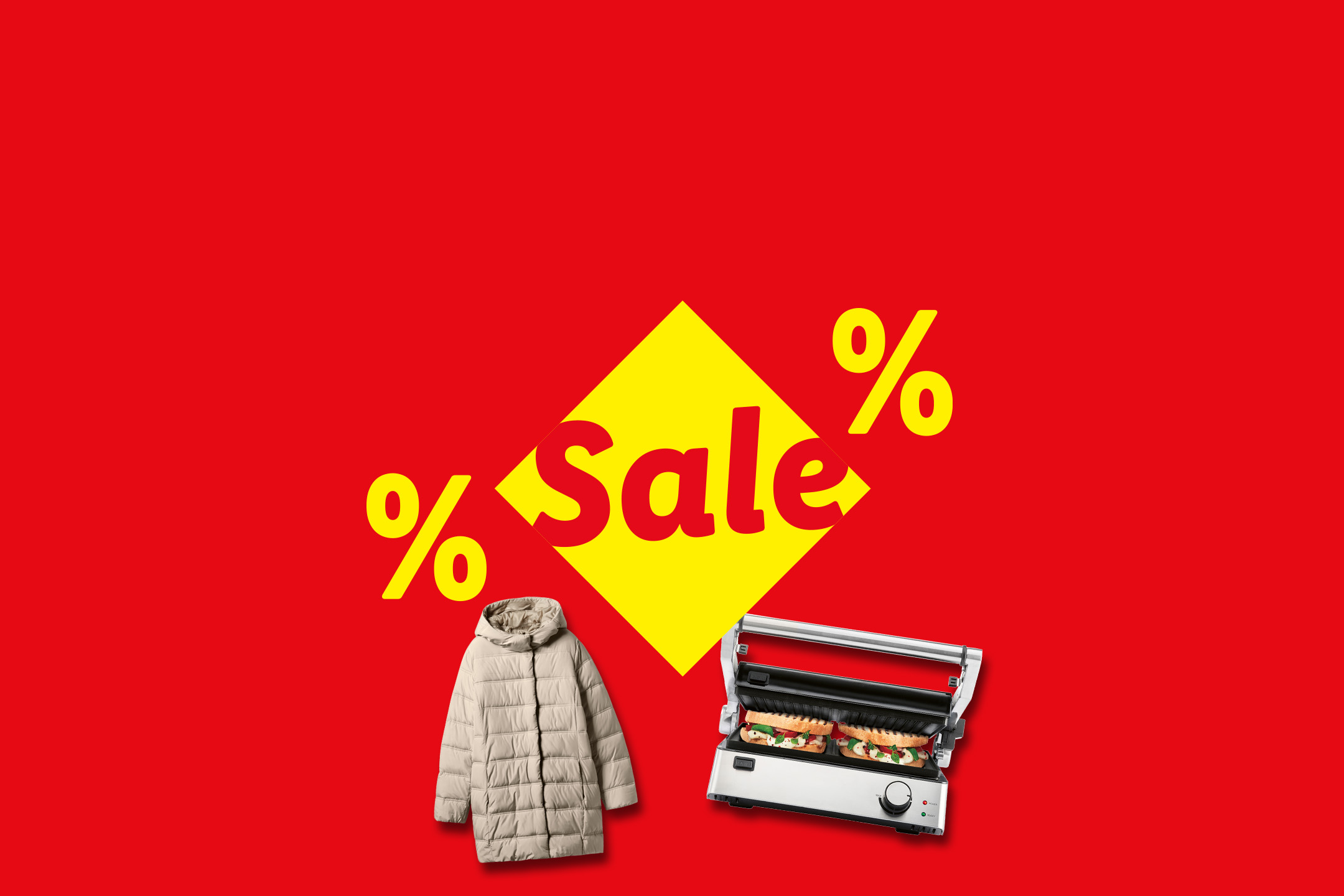 Beigefarbene Steppjacke und Sandwichmaker auf rotem Hintergrund mit „Sale“-Schriftzug und Prozentzeichen.