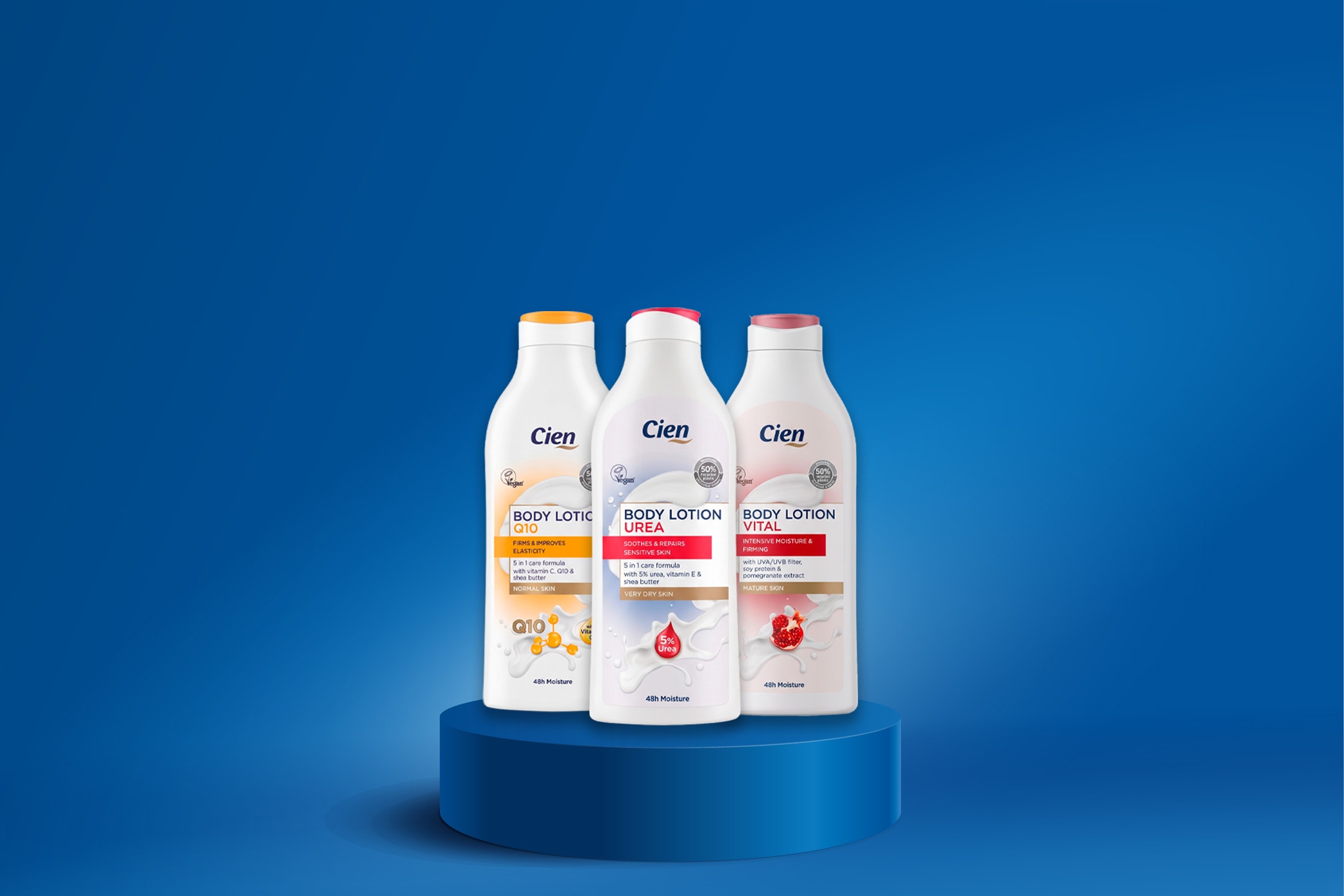 Tagescreme und verschiedene Bodylotions auf blauen Podesten vor blauem Hintergrund.